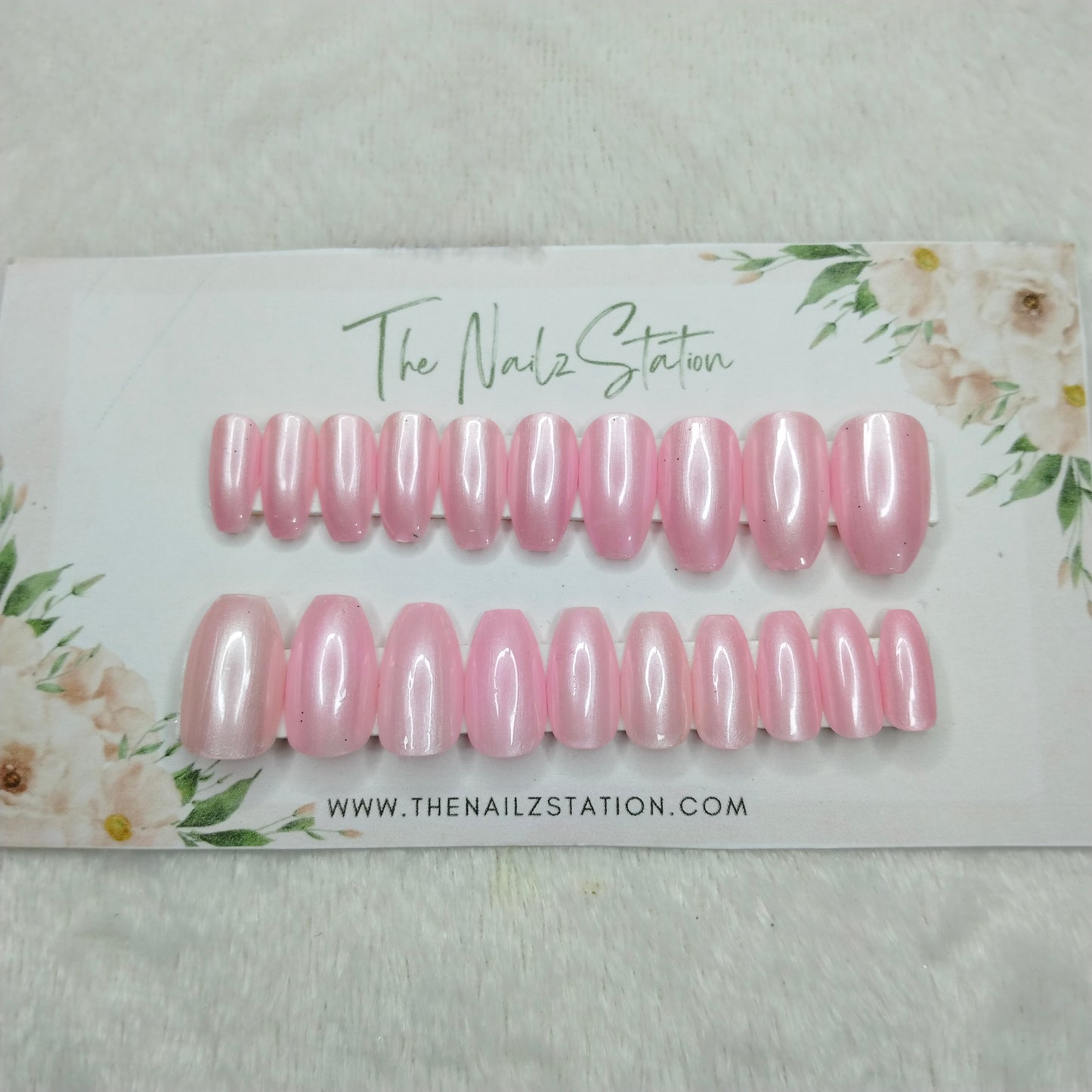 The NailzStation Glossy Light Pink Chrome Press on Fake Artificial Nails Set with glue, filer, sticker application kit // 1473