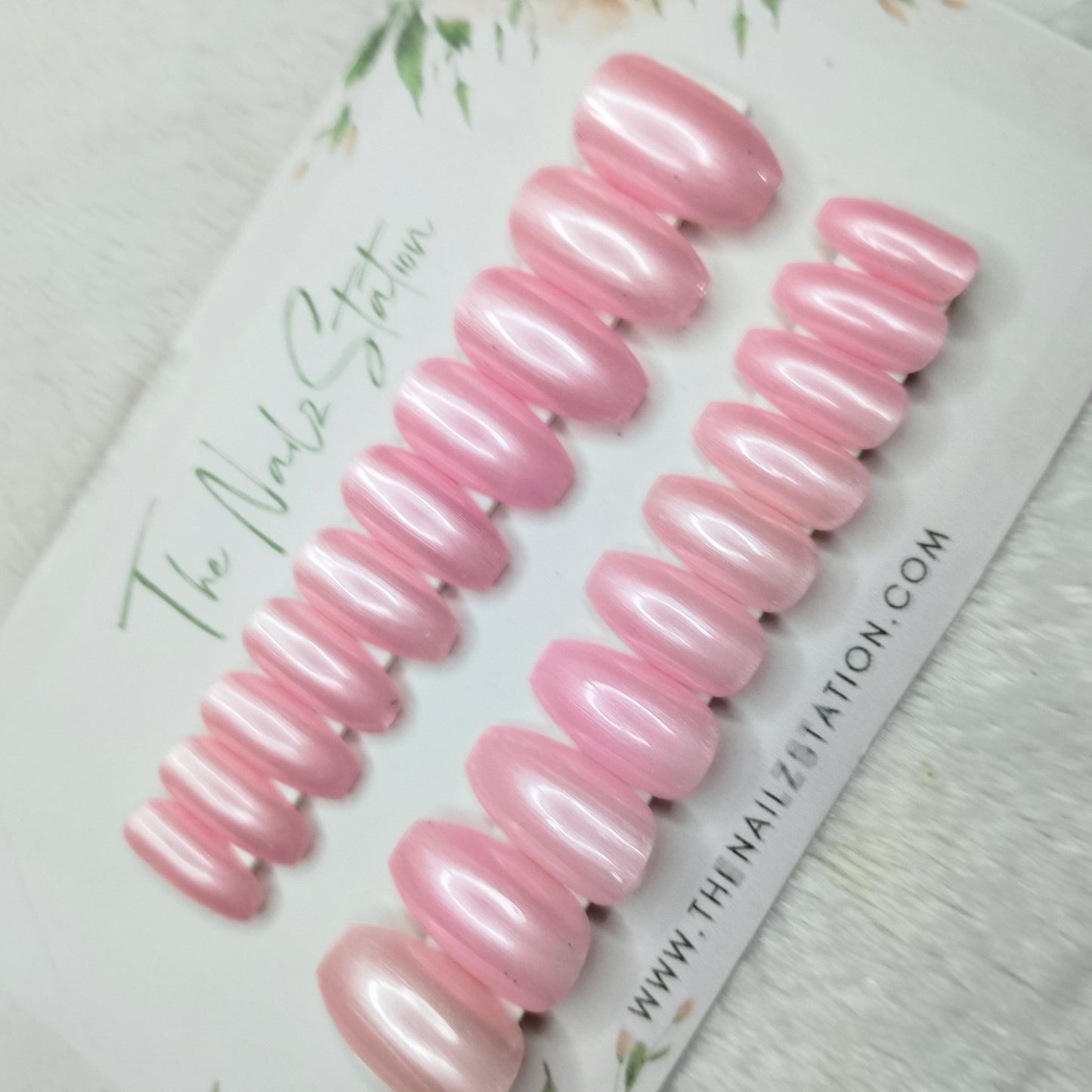 The NailzStation Glossy Light Pink Chrome Press on Fake Artificial Nails Set with glue, filer, sticker application kit // 1473