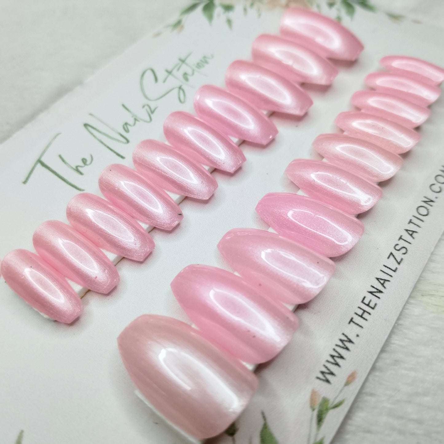 The NailzStation Glossy Light Pink Chrome Press on Fake Artificial Nails Set with glue, filer, sticker application kit // 1473