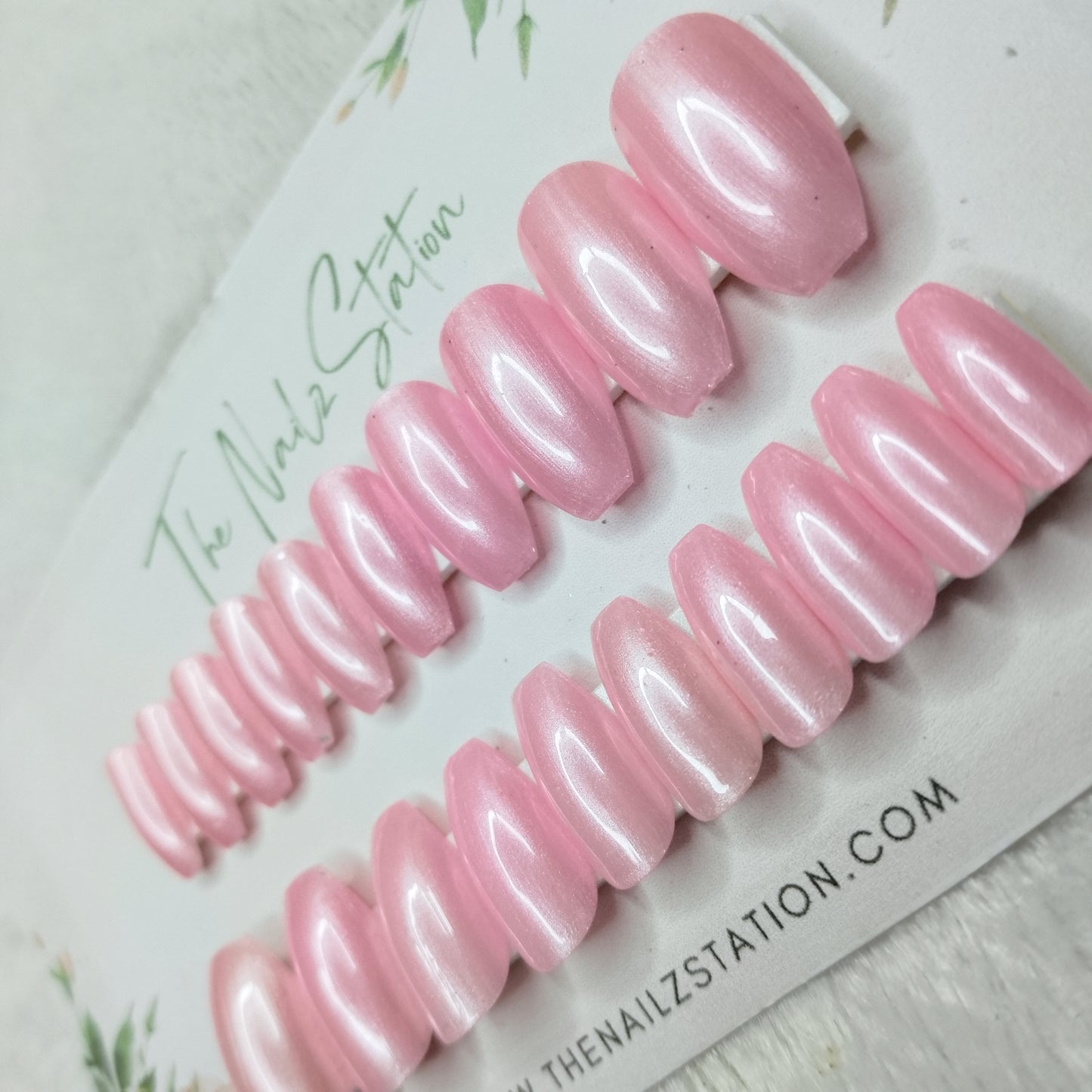 The NailzStation Glossy Light Pink Chrome Press on Fake Artificial Nails Set with glue, filer, sticker application kit // 1473