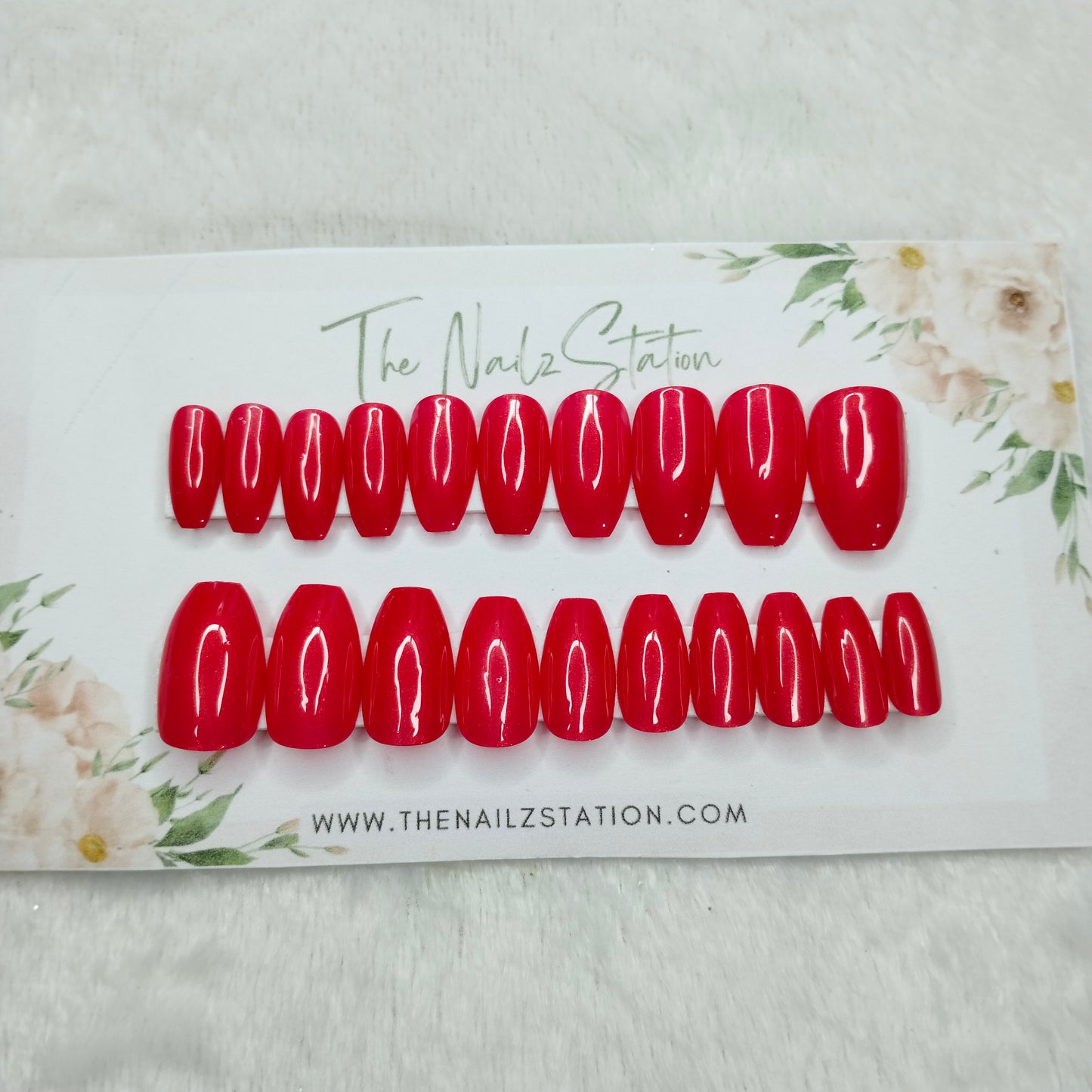 The NailzStation Glossy Red Chrome Press on Fake Artificial Nails Set with glue, filer, sticker application kit // 1477