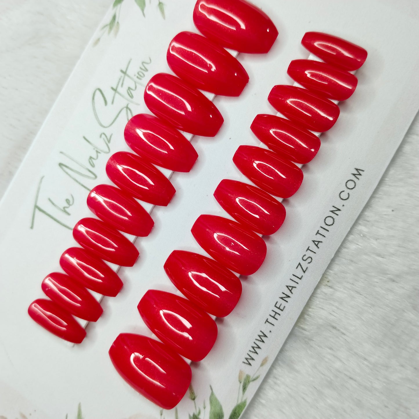 The NailzStation Glossy Red Chrome Press on Fake Artificial Nails Set with glue, filer, sticker application kit // 1477