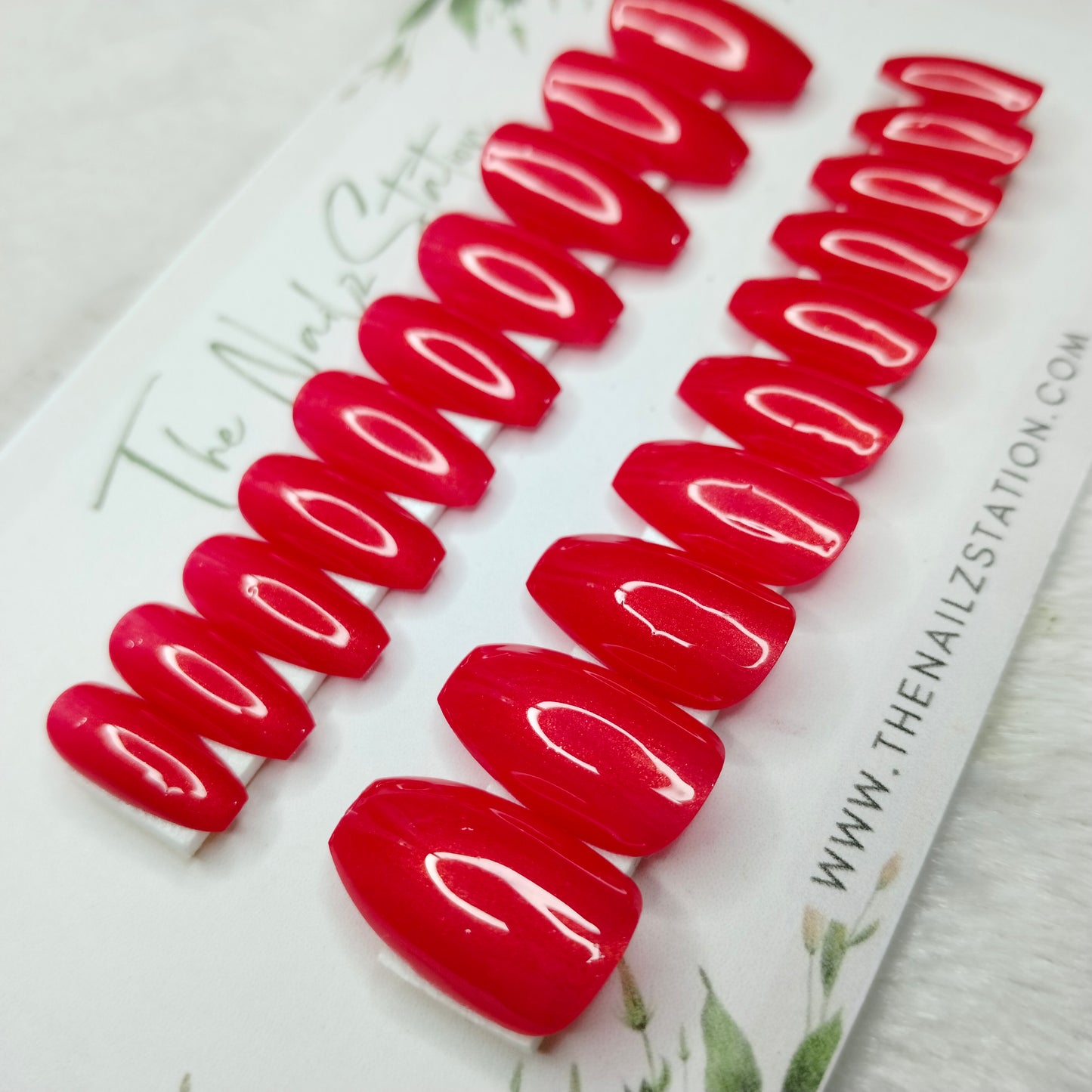 The NailzStation Glossy Red Chrome Press on Fake Artificial Nails Set with glue, filer, sticker application kit // 1477