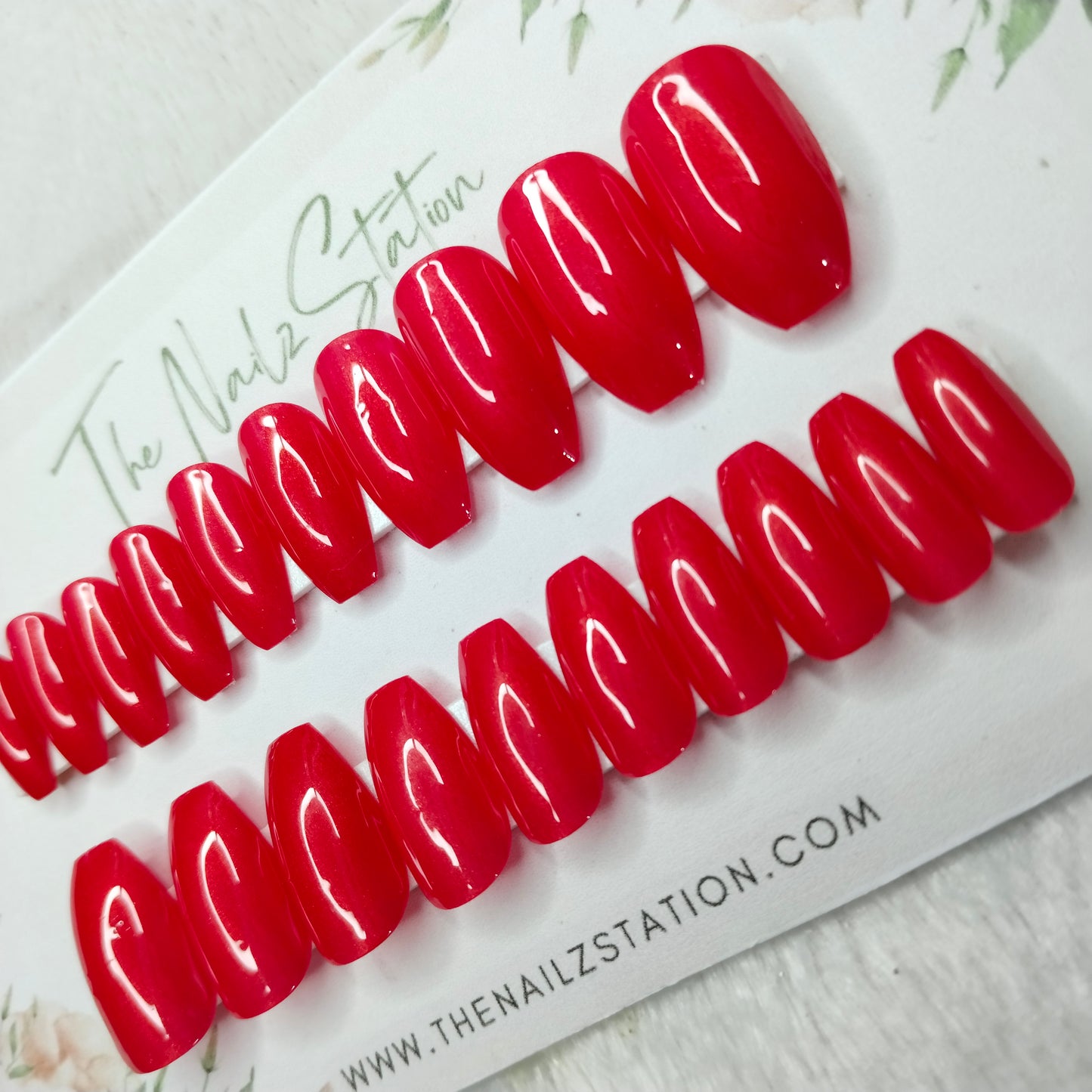 The NailzStation Glossy Red Chrome Press on Fake Artificial Nails Set with glue, filer, sticker application kit // 1477