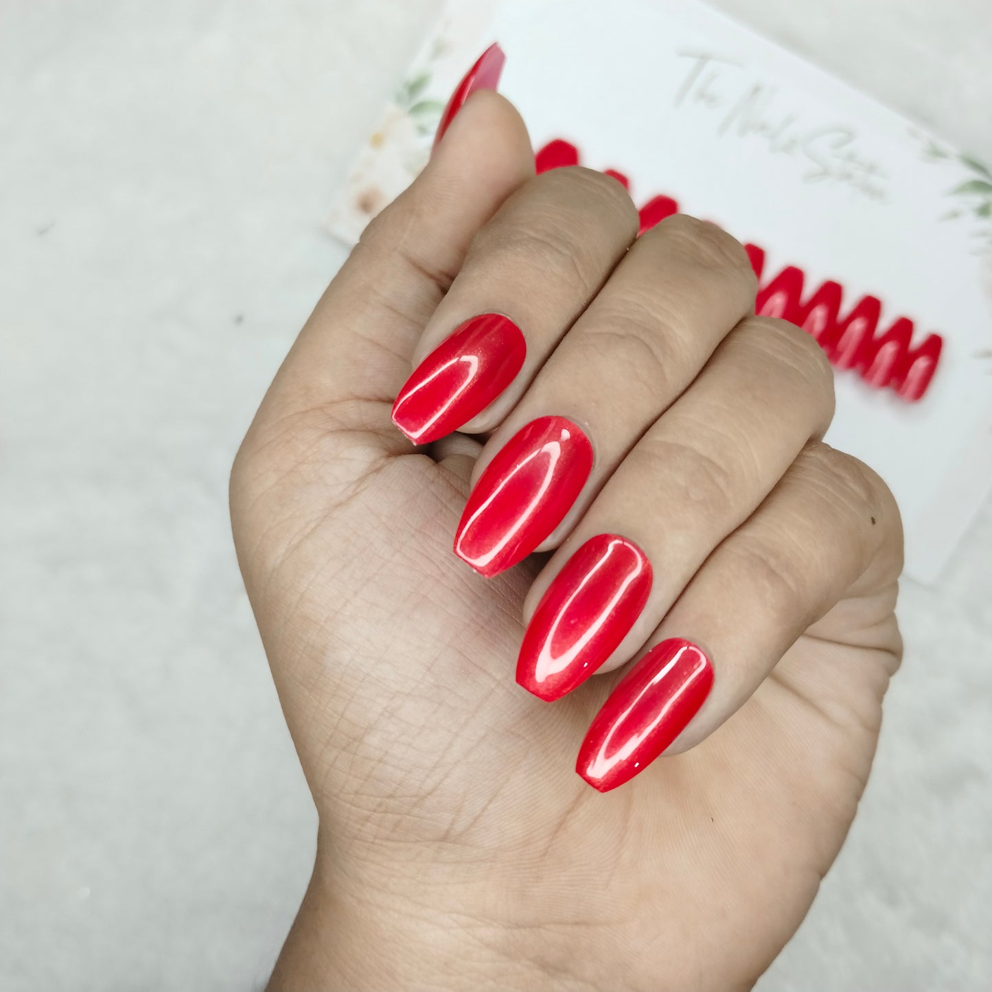 The NailzStation Glossy Red Chrome Press on Fake Artificial Nails Set with glue, filer, sticker application kit // 1477