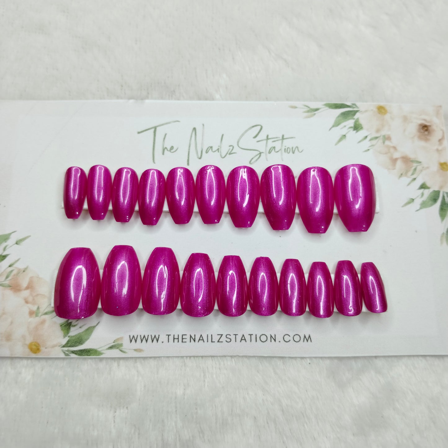 The NailzStation Glossy Pink Chrome Press on Fake Artificial Nails Set with glue, filer, sticker application kit // 1484