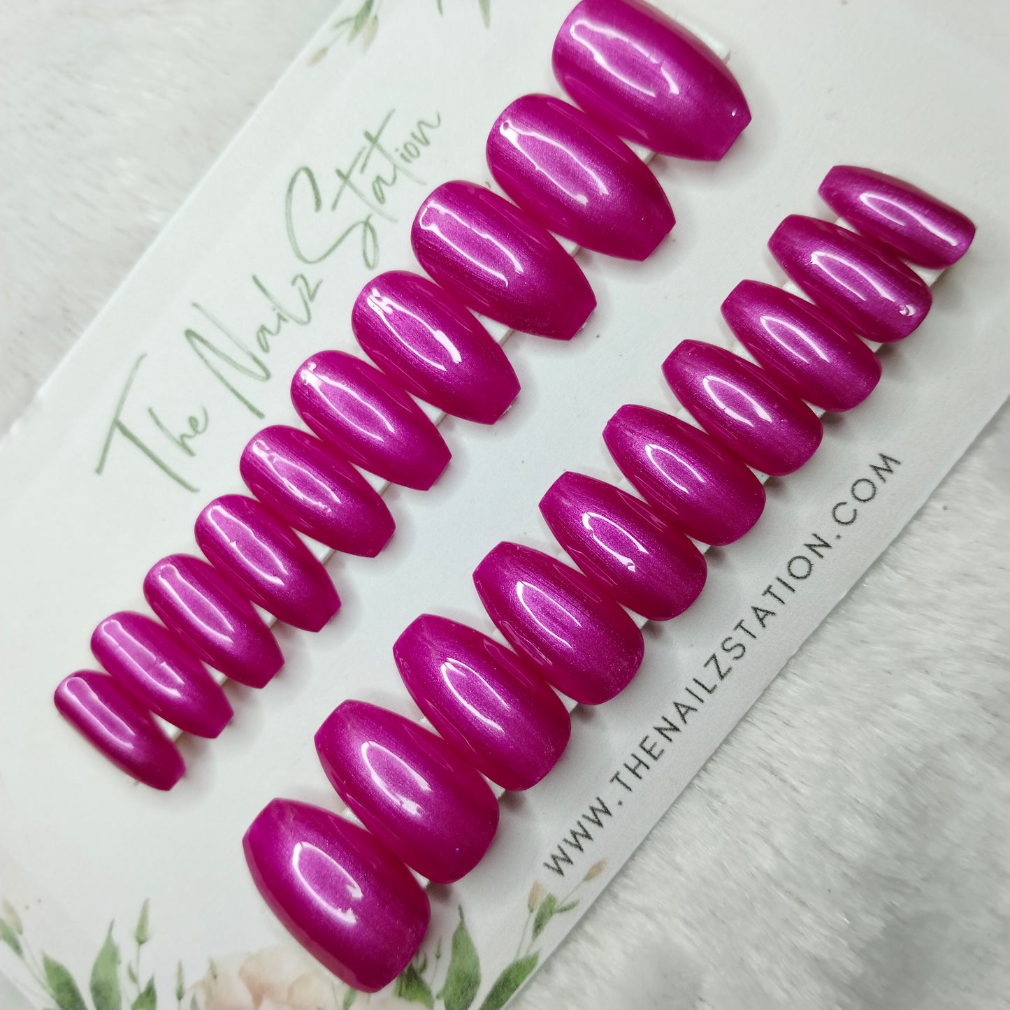 The NailzStation Glossy Pink Chrome Press on Fake Artificial Nails Set with glue, filer, sticker application kit // 1484