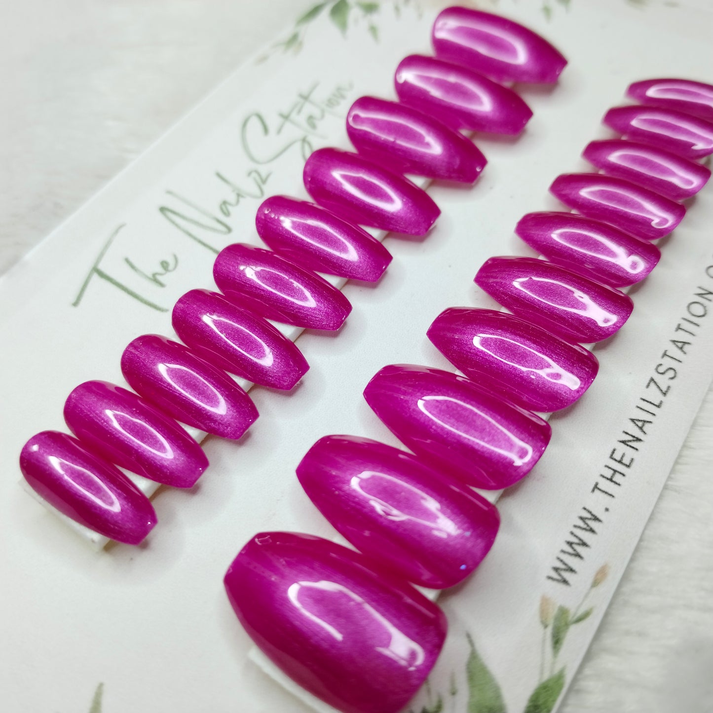 The NailzStation Glossy Pink Chrome Press on Fake Artificial Nails Set with glue, filer, sticker application kit // 1484