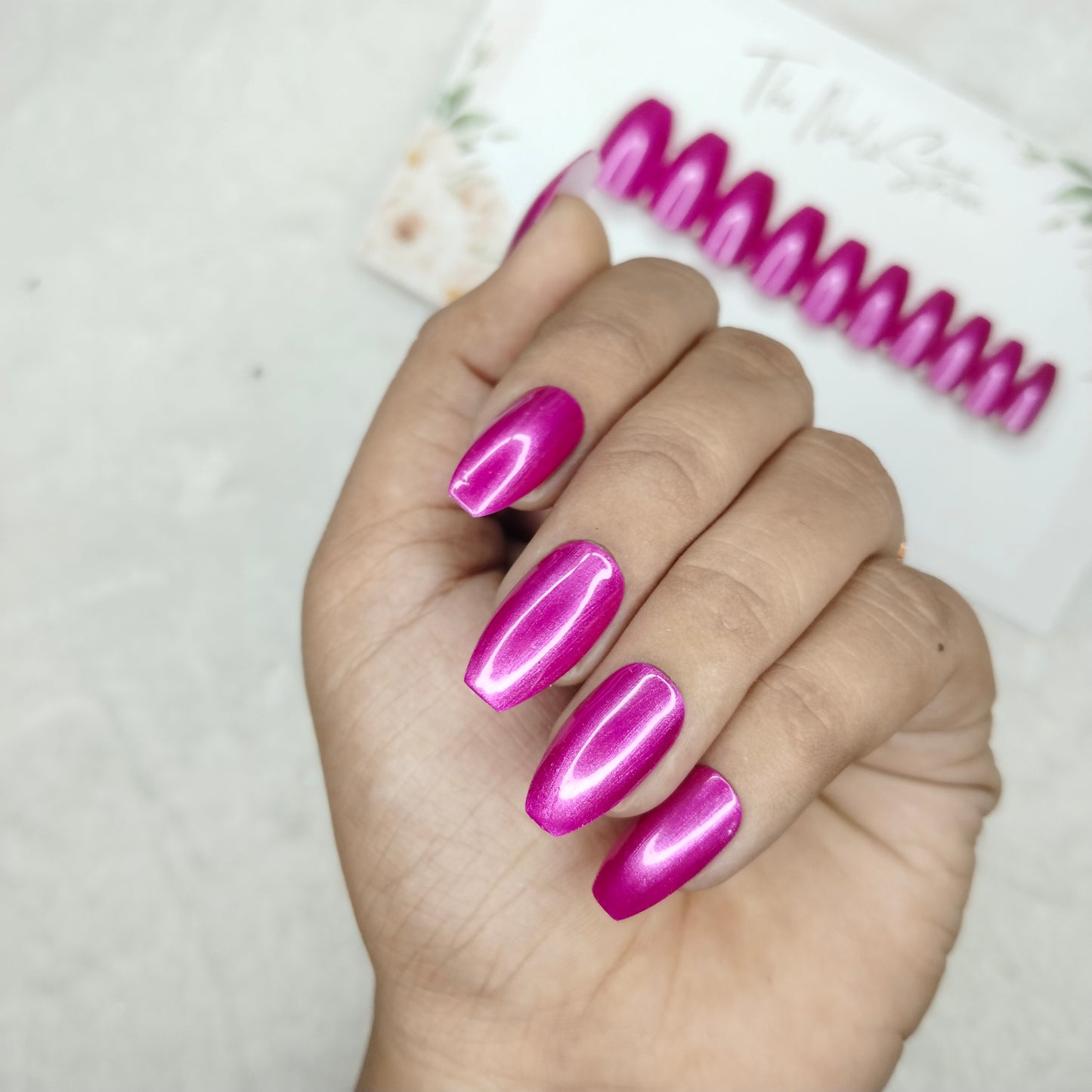 The NailzStation Glossy Pink Chrome Press on Fake Artificial Nails Set with glue, filer, sticker application kit // 1484