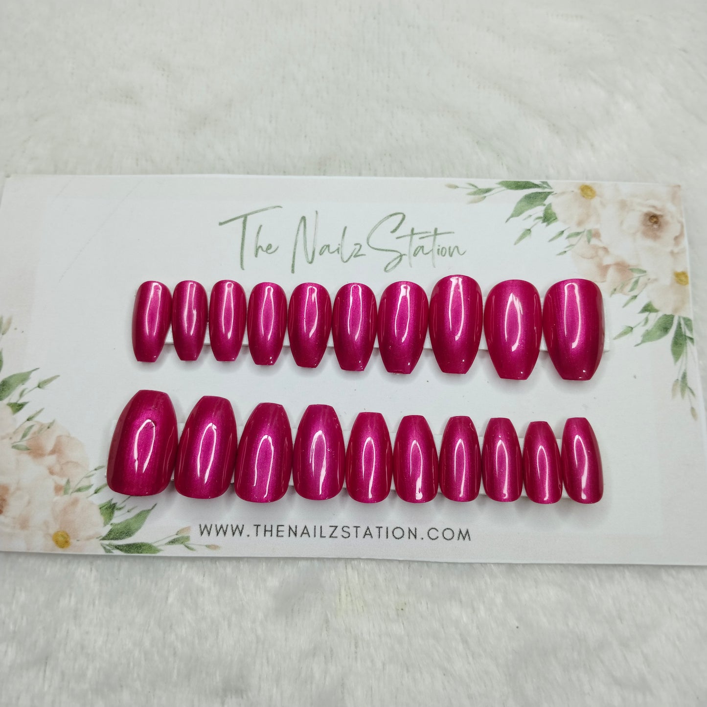 The NailzStation Glossy Pink Chrome Press on Fake Artificial Nails Set with glue, filer, sticker application kit // 1483