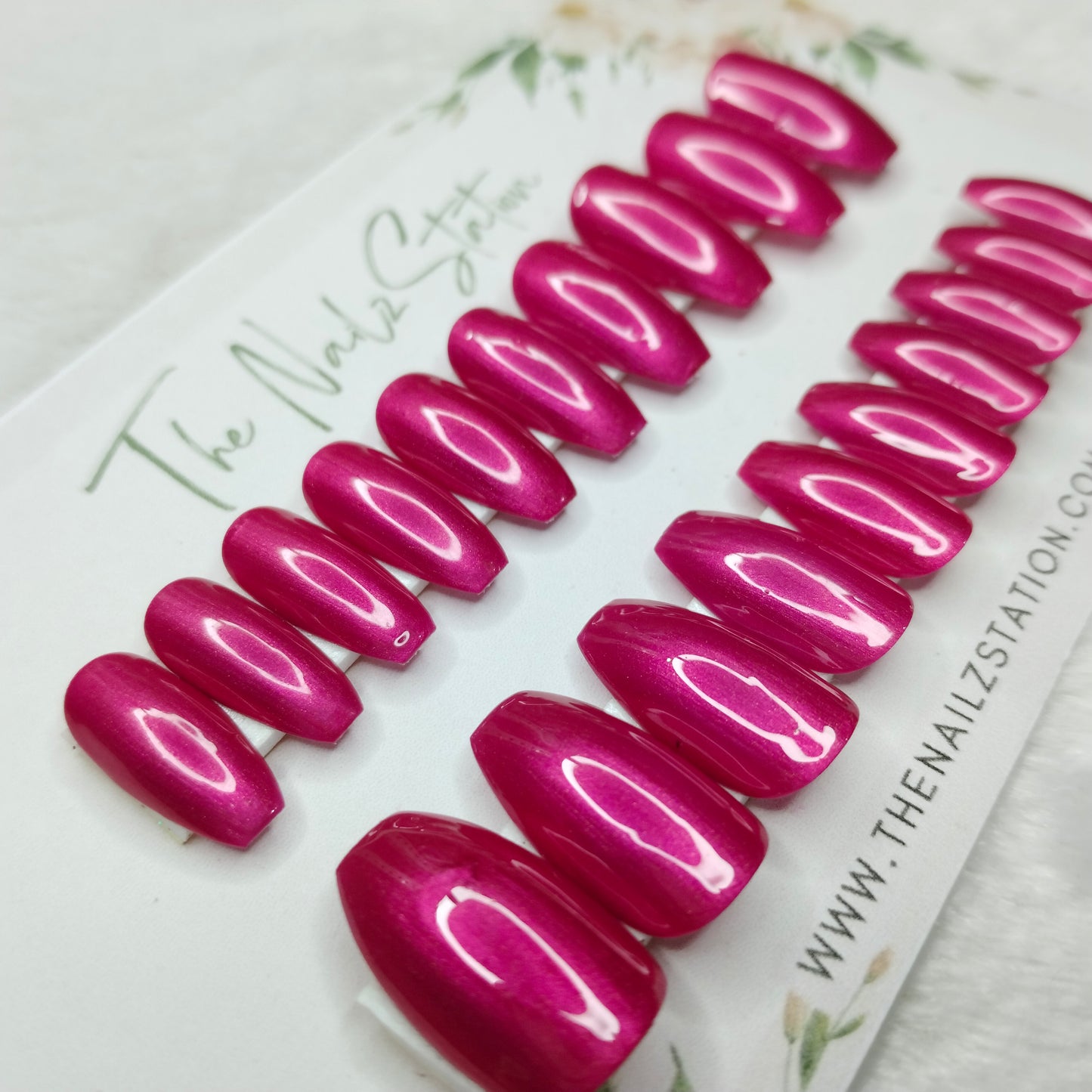 The NailzStation Glossy Pink Chrome Press on Fake Artificial Nails Set with glue, filer, sticker application kit // 1483