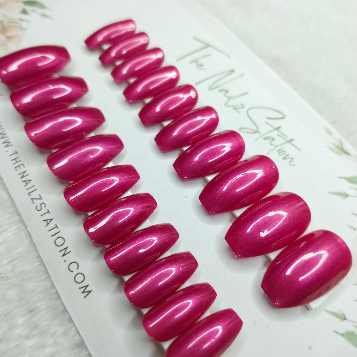 The NailzStation Glossy Pink Chrome Press on Fake Artificial Nails Set with glue, filer, sticker application kit // 1483