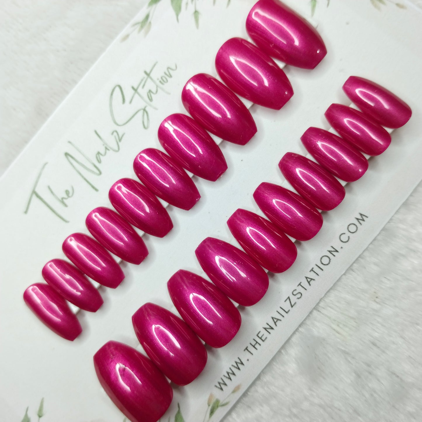 The NailzStation Glossy Pink Chrome Press on Fake Artificial Nails Set with glue, filer, sticker application kit // 1483