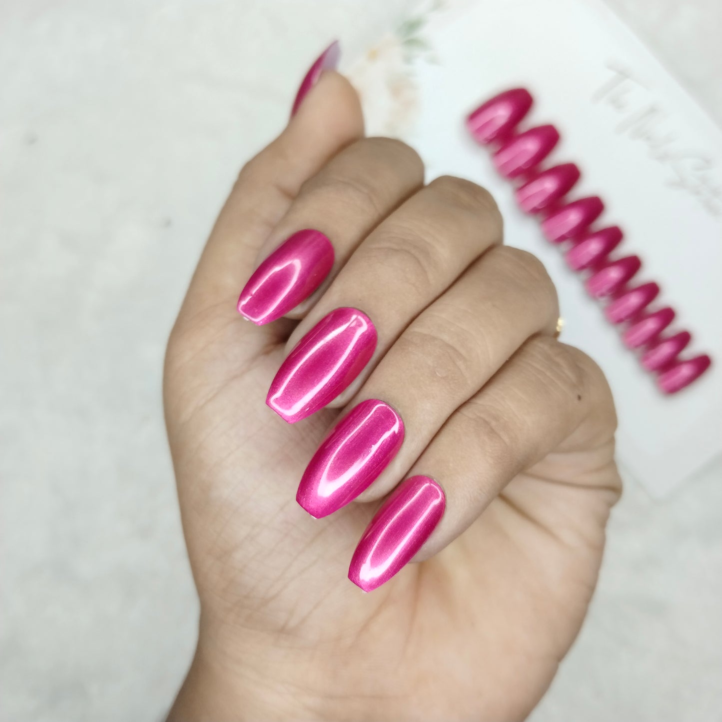 The NailzStation Glossy Pink Chrome Press on Fake Artificial Nails Set with glue, filer, sticker application kit // 1483