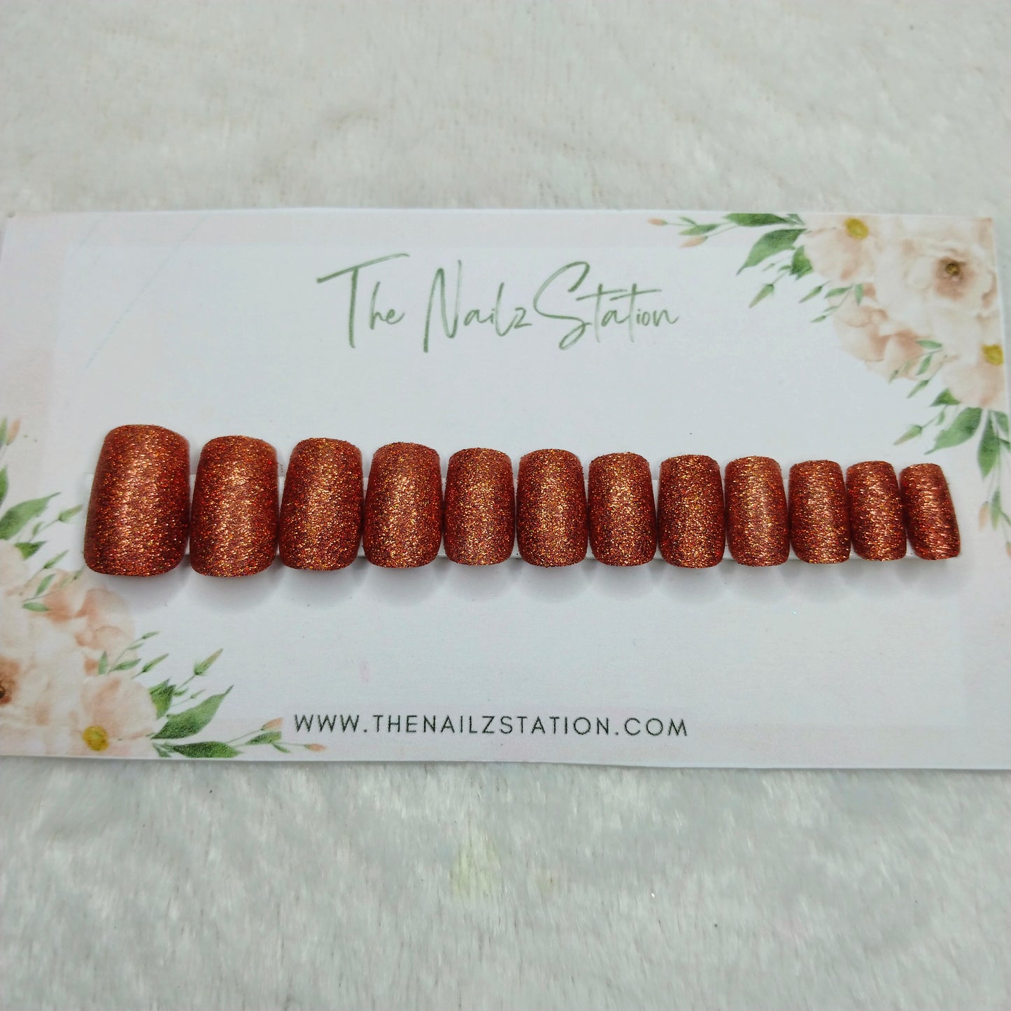 The NailzStation Glossy Orange Glitter Press on Fake Artificial Nails Set with glue, filer, sticker application kit // 1482