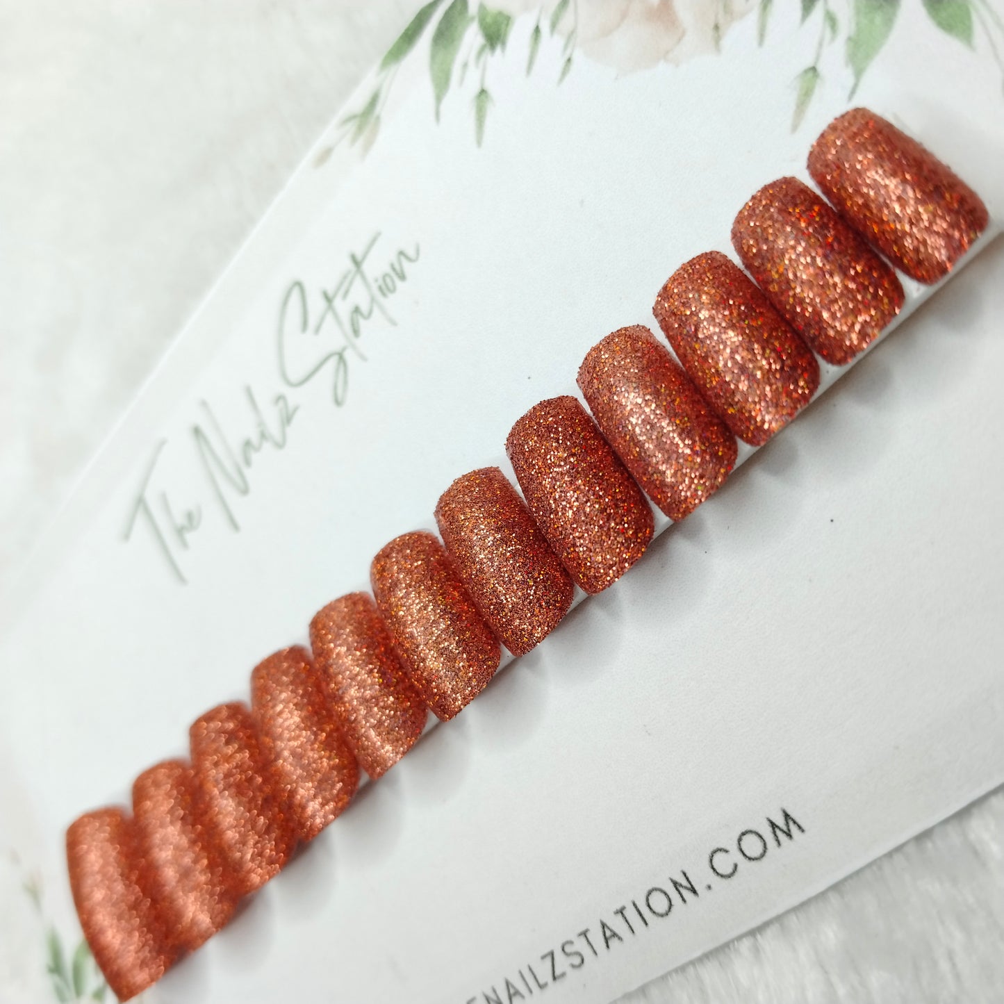 The NailzStation Glossy Orange Glitter Press on Fake Artificial Nails Set with glue, filer, sticker application kit // 1482