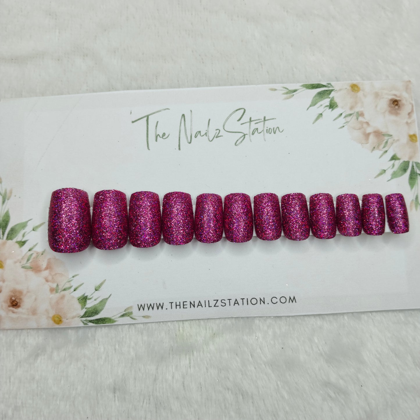 The NailzStation Glossy Pink Glitter Press on Fake Artificial Nails Set with glue, filer, sticker application kit // 1487