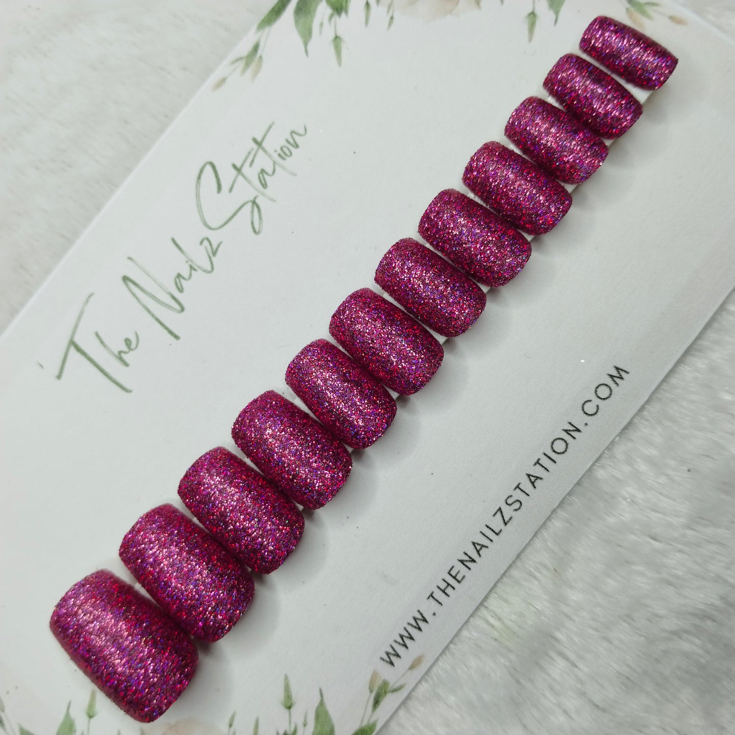 The NailzStation Glossy Pink Glitter Press on Fake Artificial Nails Set with glue, filer, sticker application kit // 1487