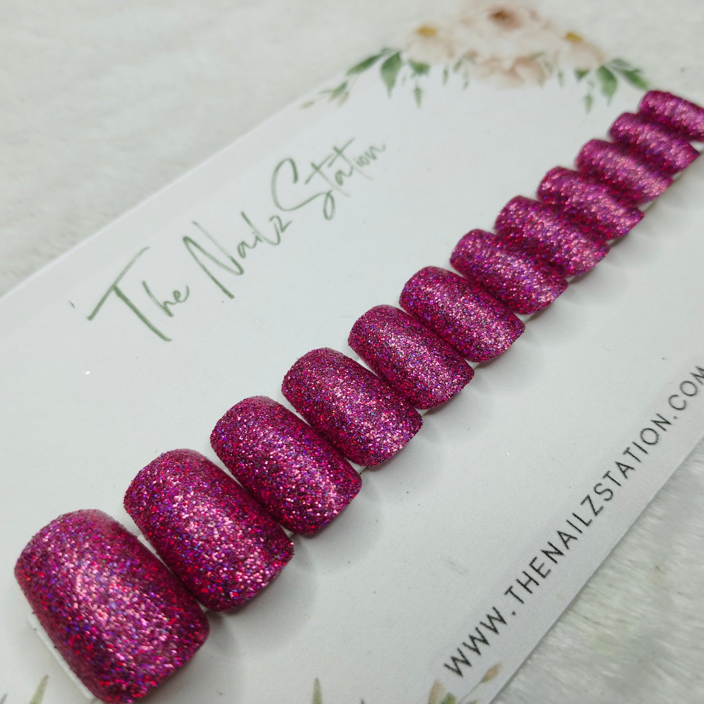 The NailzStation Glossy Pink Glitter Press on Fake Artificial Nails Set with glue, filer, sticker application kit // 1487