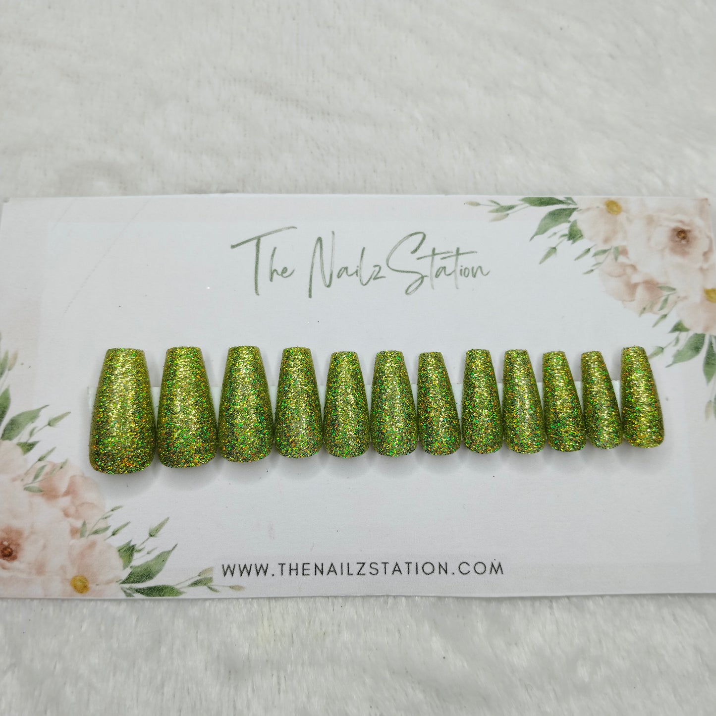 The NailzStation Glossy Green Holographic Glitter Press on Fake Artificial Nails Set with glue, filer, sticker application kit // 1492