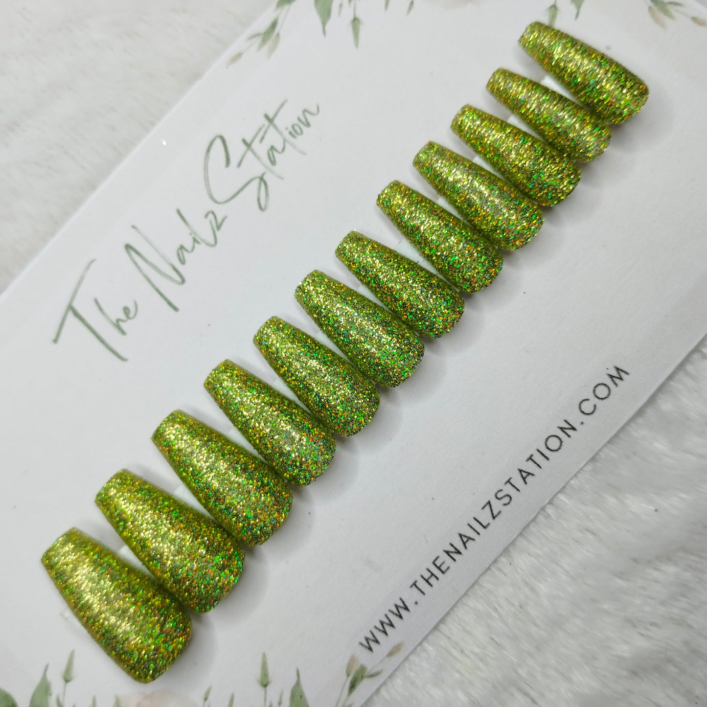 The NailzStation Glossy Green Holographic Glitter Press on Fake Artificial Nails Set with glue, filer, sticker application kit // 1492