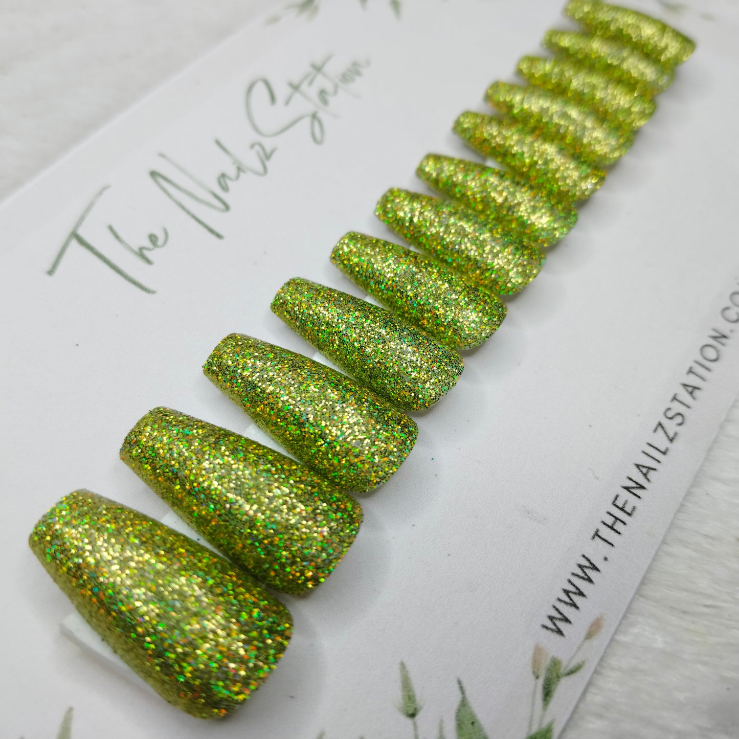 The NailzStation Glossy Green Holographic Glitter Press on Fake Artificial Nails Set with glue, filer, sticker application kit // 1492