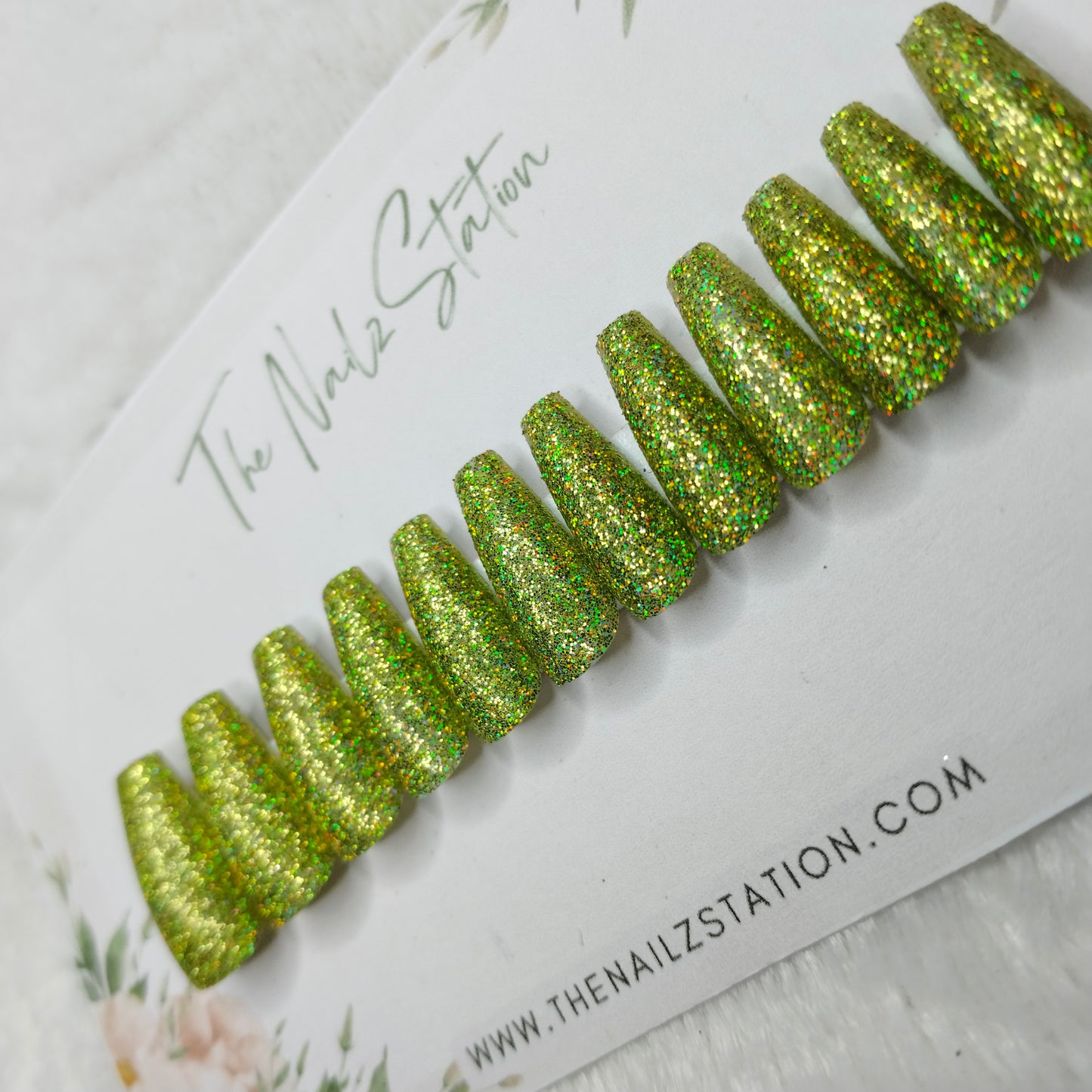 The NailzStation Glossy Green Holographic Glitter Press on Fake Artificial Nails Set with glue, filer, sticker application kit // 1492