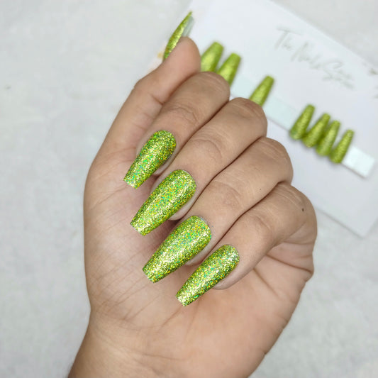 The NailzStation Glossy Green Holographic Glitter Press on Fake Artificial Nails Set with glue, filer, sticker application kit // 1492