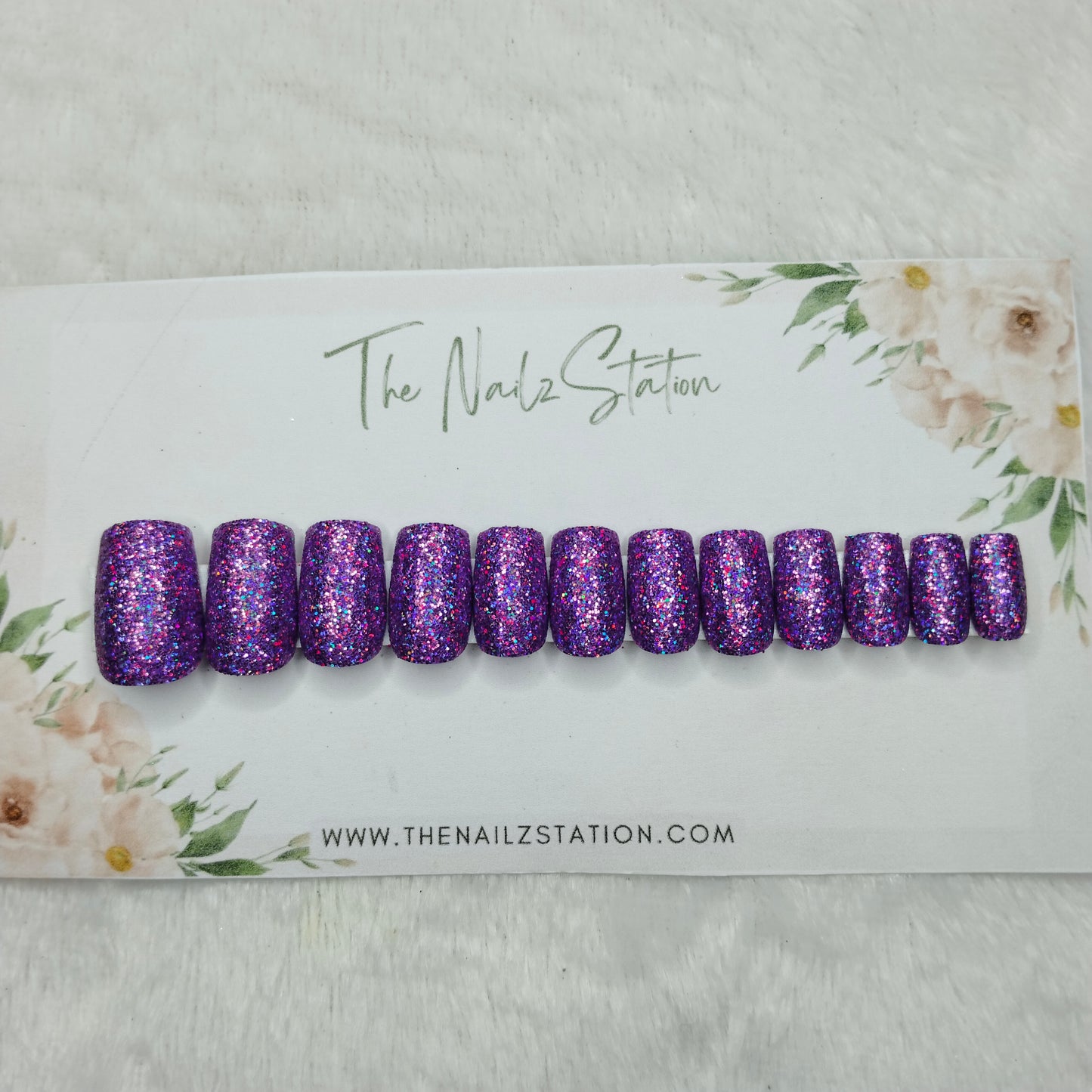 The NailzStation Glossy Purple Holographic Glitter Press on Fake Artificial Nails Set with glue, filer, sticker application kit // 1491