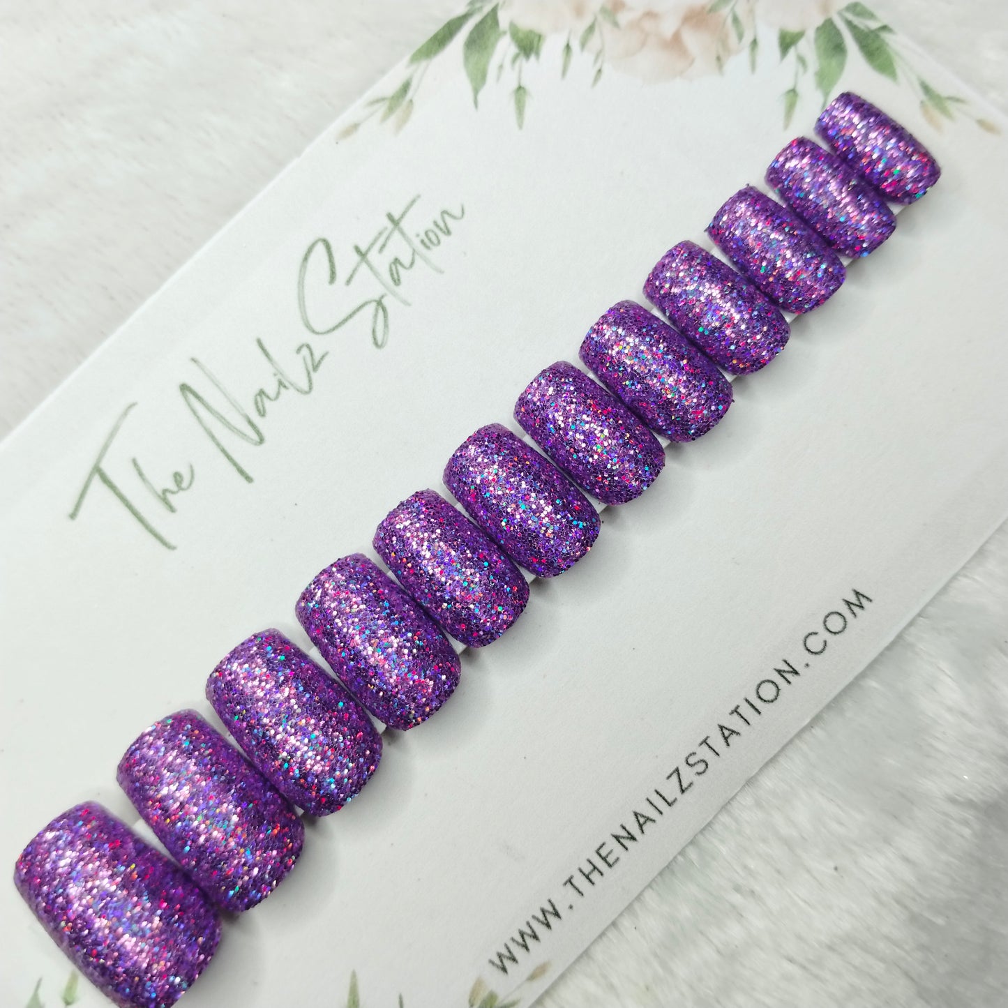 The NailzStation Glossy Purple Holographic Glitter Press on Fake Artificial Nails Set with glue, filer, sticker application kit // 1491