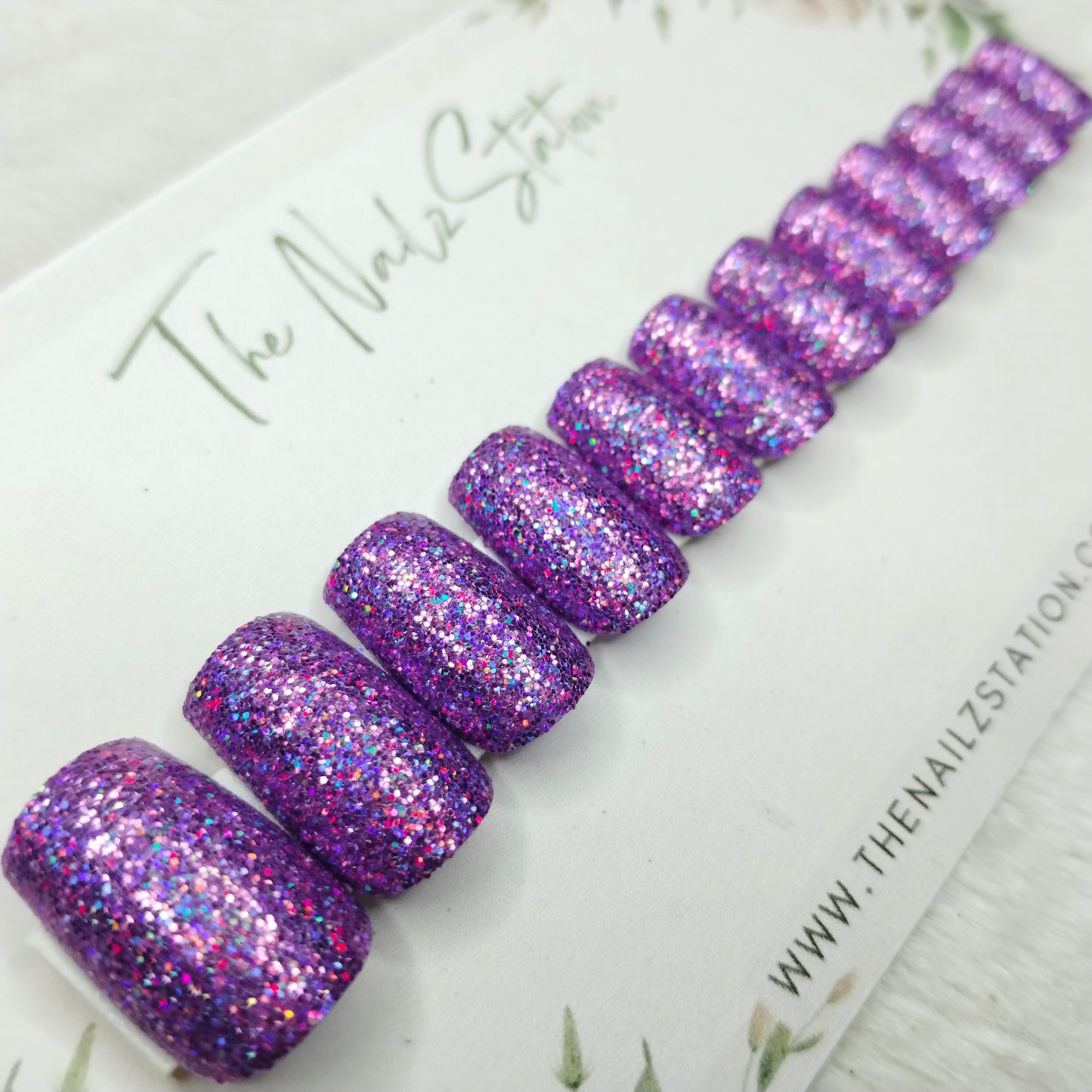 The NailzStation Glossy Purple Holographic Glitter Press on Fake Artificial Nails Set with glue, filer, sticker application kit // 1491