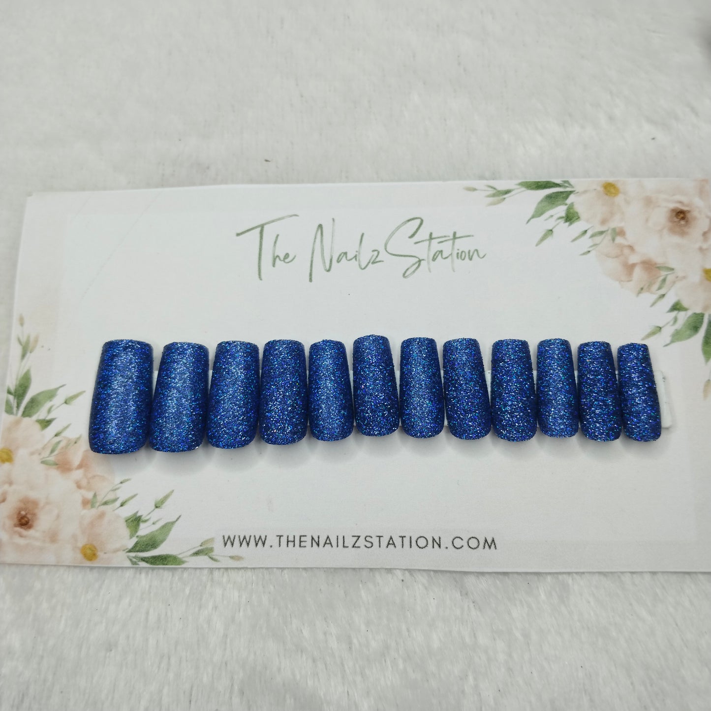 The NailzStation Glossy Blue Glitter Press on Fake Artificial Nails Set with glue, filer, sticker application kit // 1497