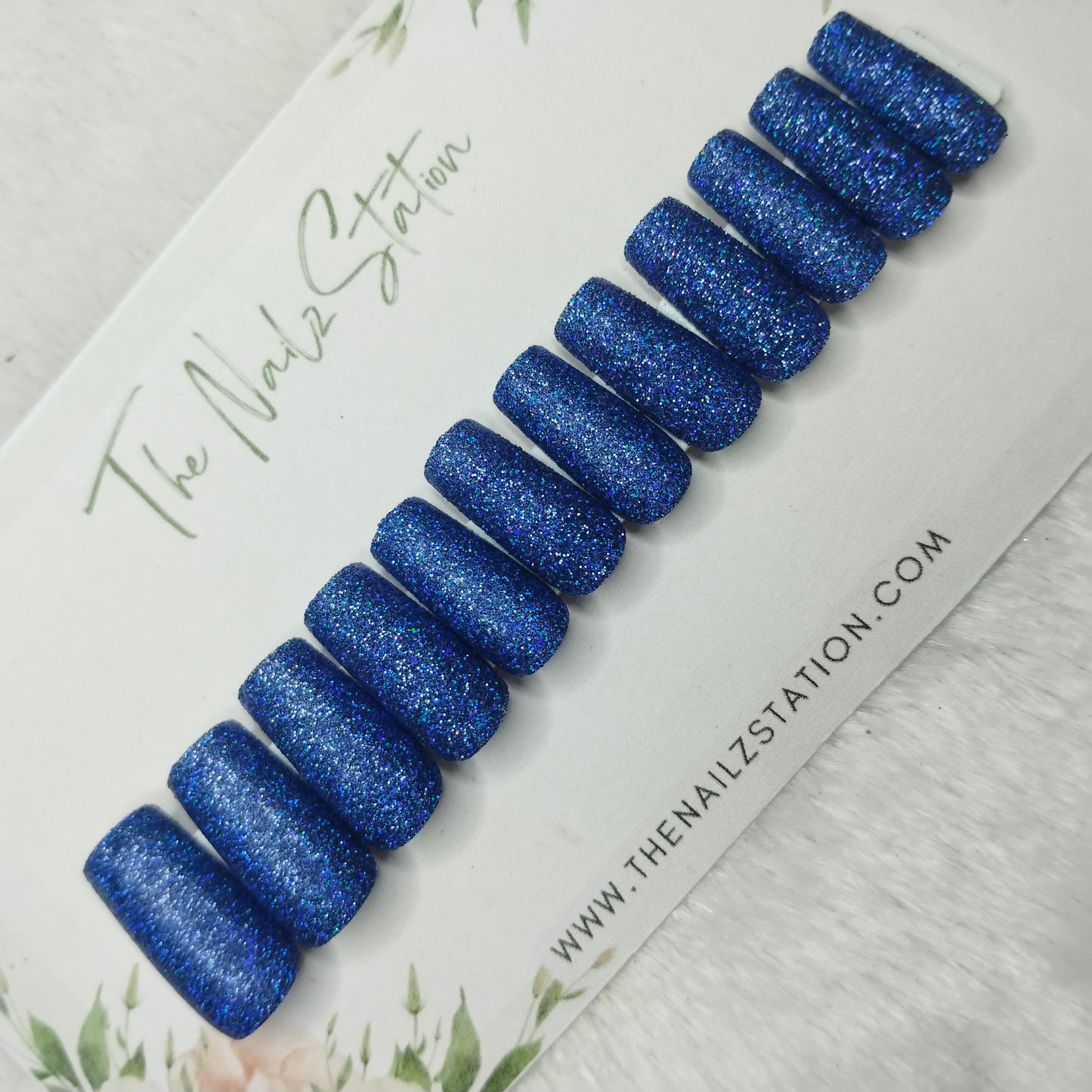 The NailzStation Glossy Blue Glitter Press on Fake Artificial Nails Set with glue, filer, sticker application kit // 1497