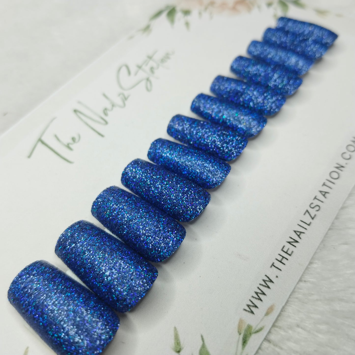 The NailzStation Glossy Blue Glitter Press on Fake Artificial Nails Set with glue, filer, sticker application kit // 1497