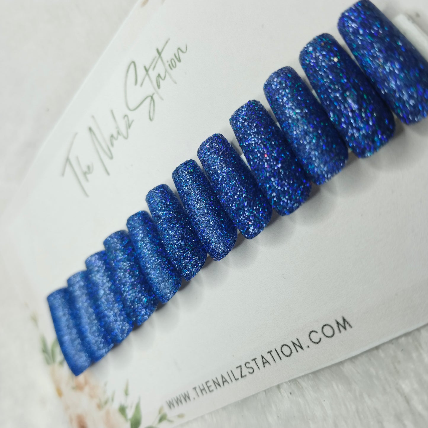 The NailzStation Glossy Blue Glitter Press on Fake Artificial Nails Set with glue, filer, sticker application kit // 1497