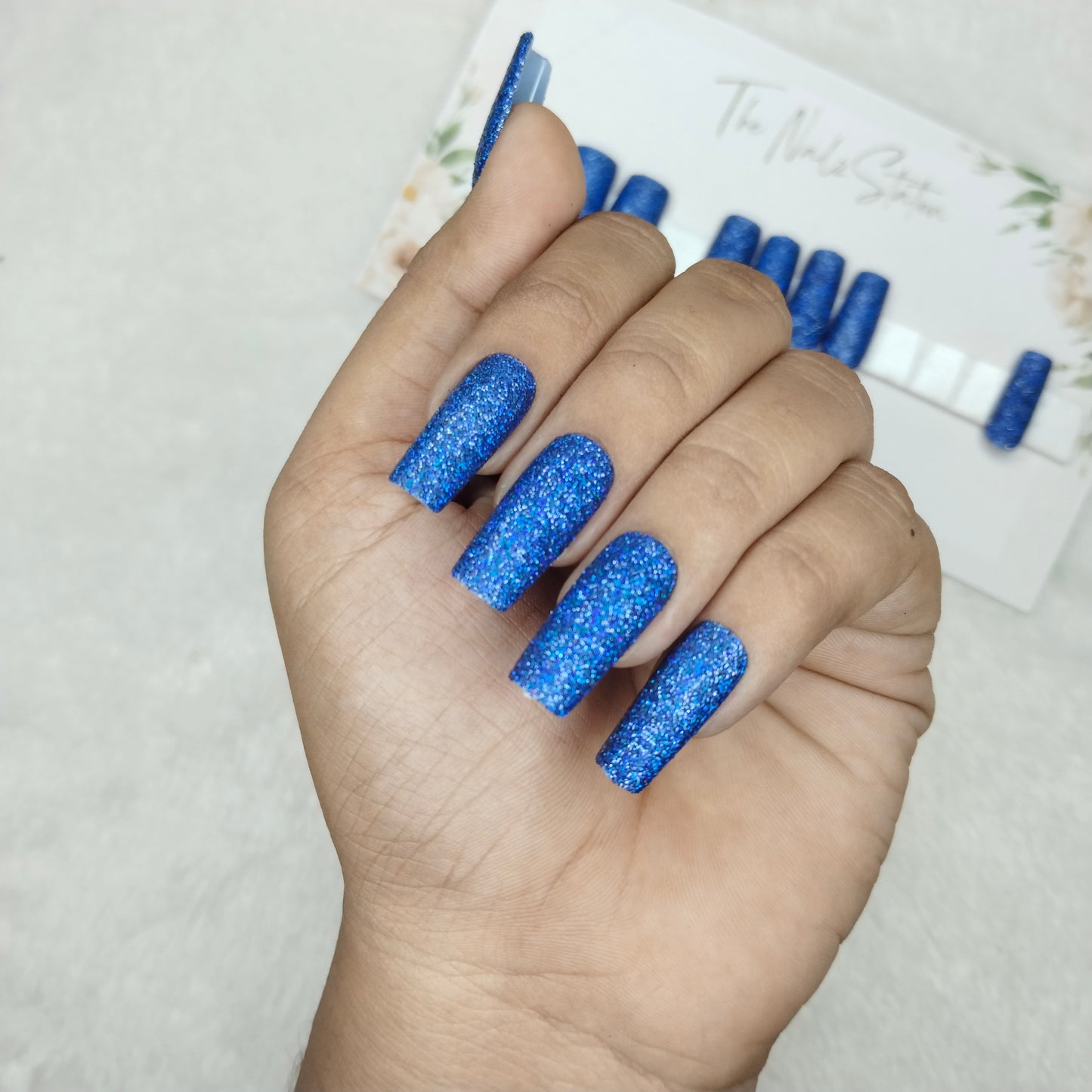 The NailzStation Glossy Blue Glitter Press on Fake Artificial Nails Set with glue, filer, sticker application kit // 1497