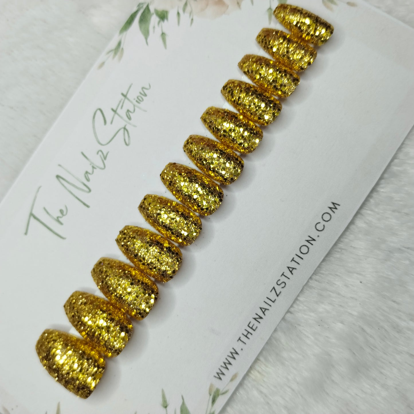 The NailzStation Glossy Yellow Golden Glitter Press on Fake Artificial Nails Set with glue, filer, sticker application kit // 1498