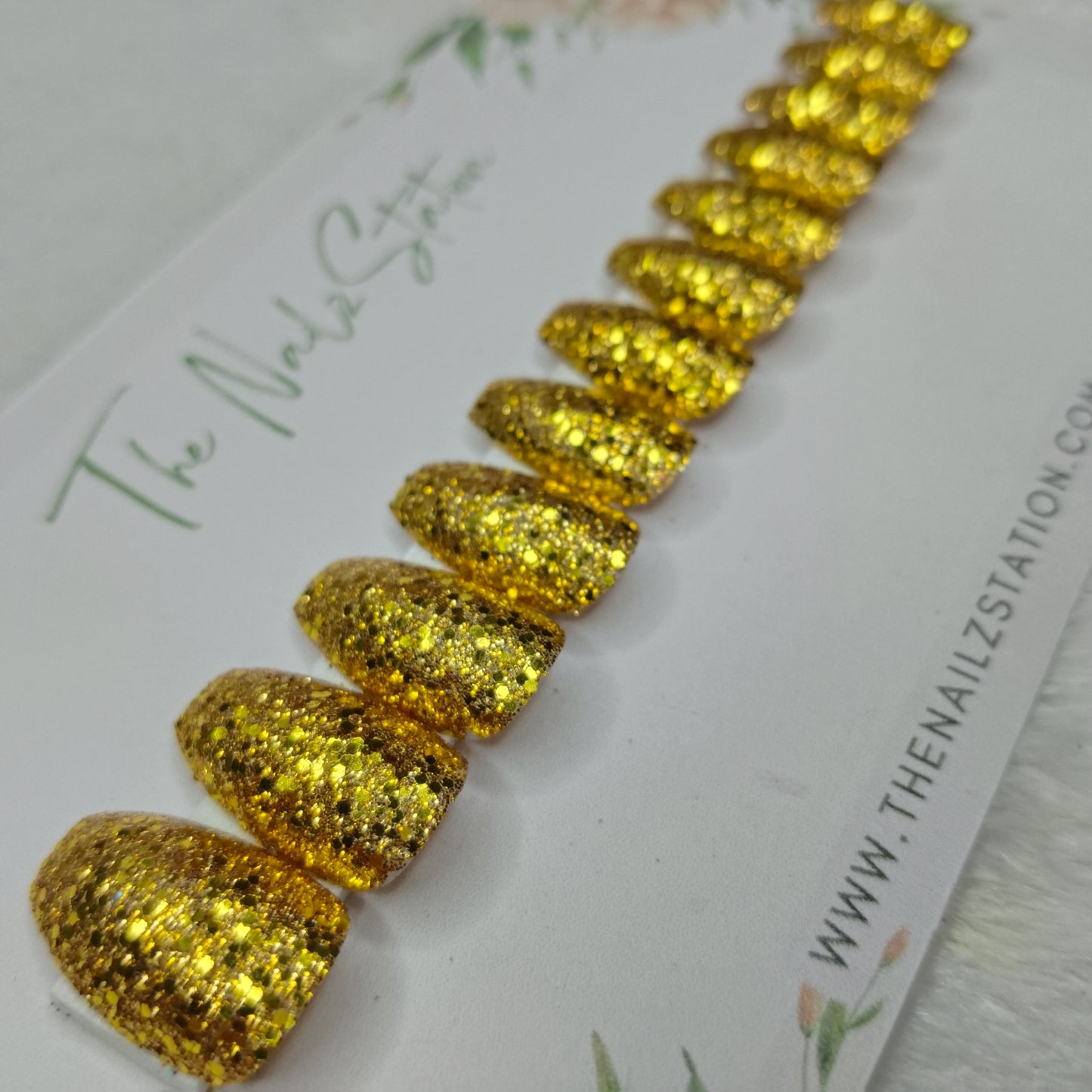 The NailzStation Glossy Yellow Golden Glitter Press on Fake Artificial Nails Set with glue, filer, sticker application kit // 1498