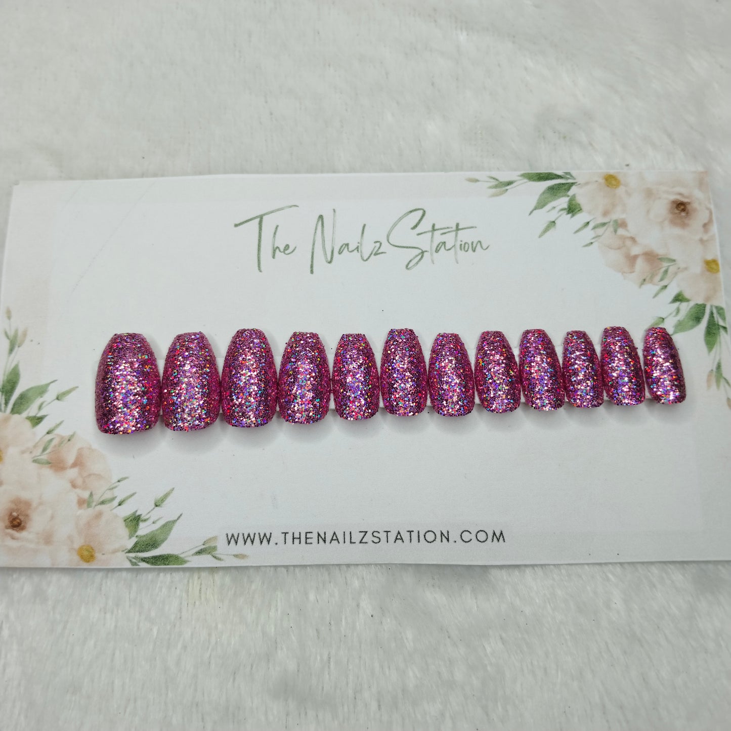 The NailzStation Glossy Pink Holographic Glitter Press on Fake Artificial Nails Set with glue, filer, sticker application kit // 1499