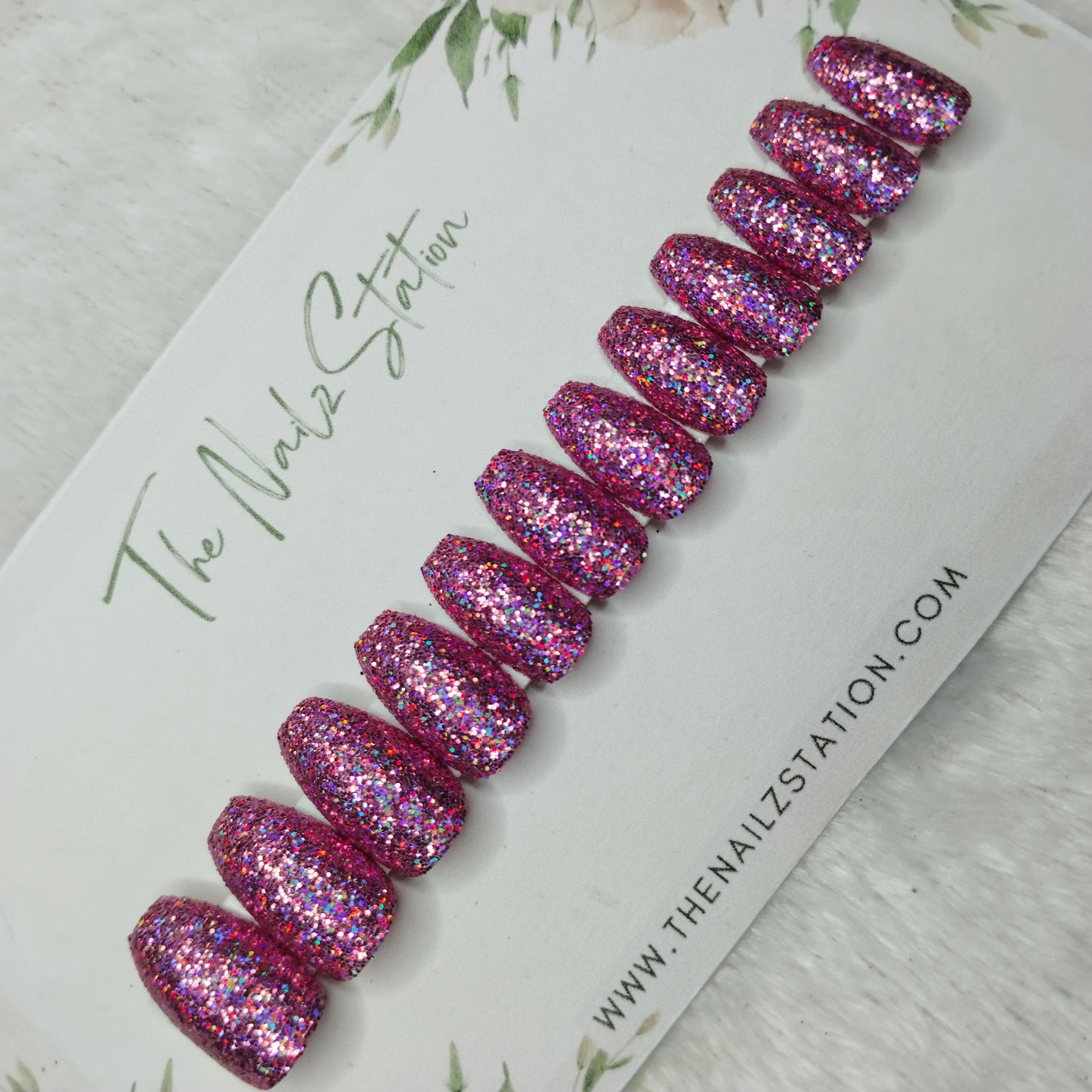 The NailzStation Glossy Pink Holographic Glitter Press on Fake Artificial Nails Set with glue, filer, sticker application kit // 1499