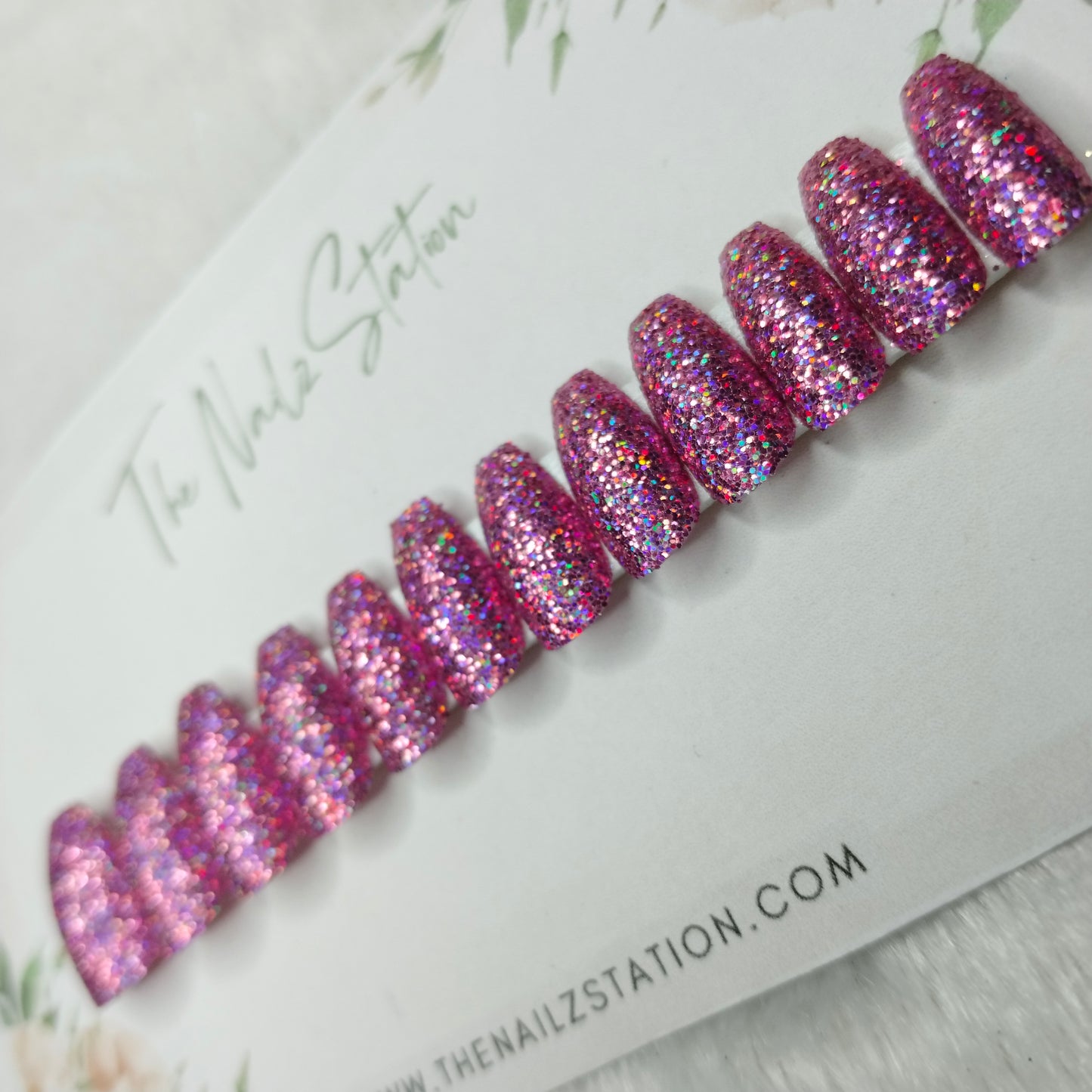 The NailzStation Glossy Pink Holographic Glitter Press on Fake Artificial Nails Set with glue, filer, sticker application kit // 1499