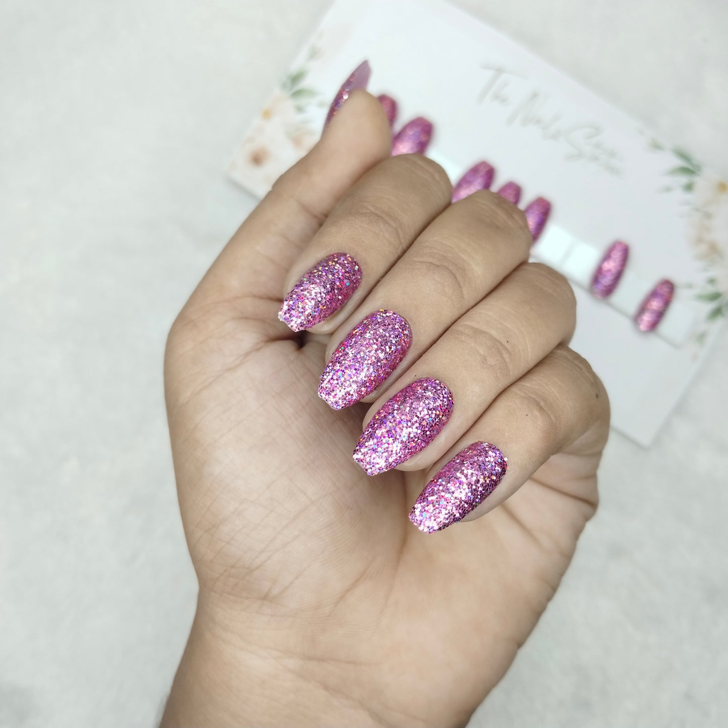 The NailzStation Glossy Pink Holographic Glitter Press on Fake Artificial Nails Set with glue, filer, sticker application kit // 1499