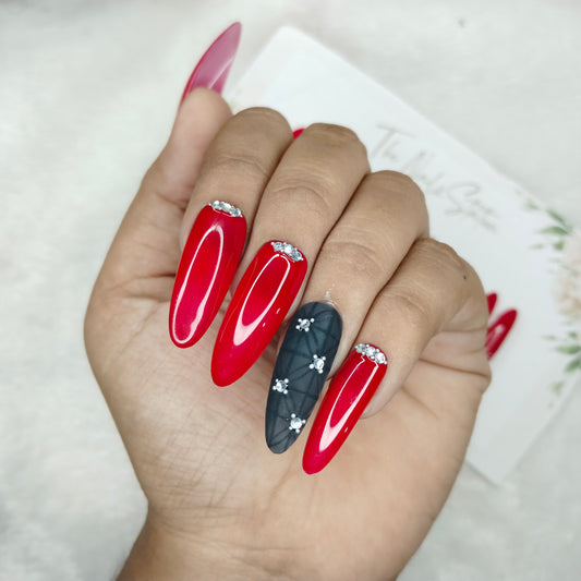 The NailzStation Glossy Red Studded Press on Fake Artificial Nails Set with glue, filer, sticker application kit // 1502