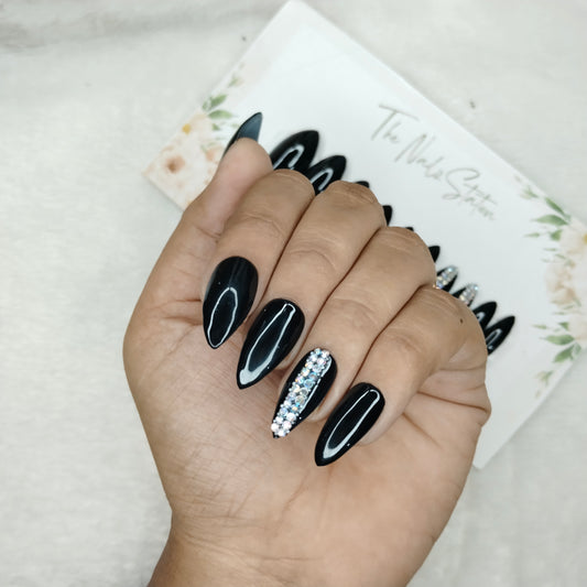 The NailzStation Glossy Black Studded Press on Fake Artificial Nails Set with glue, filer, sticker application kit // 1503