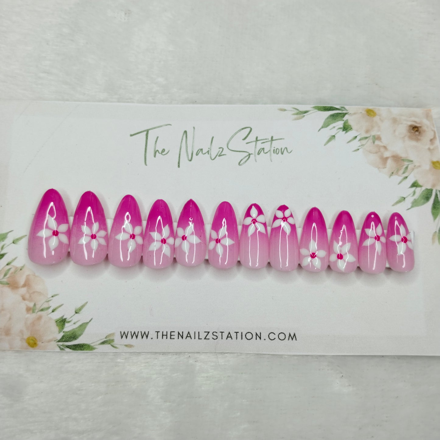 The NailzStation Glossy Pink Ombre Floral Press on Fake Artificial Nails Set with glue, filer, sticker application kit // 1505