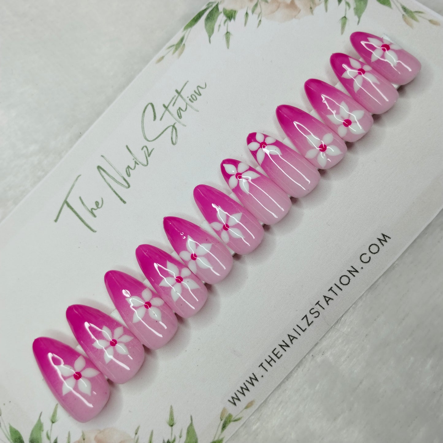 The NailzStation Glossy Pink Ombre Floral Press on Fake Artificial Nails Set with glue, filer, sticker application kit // 1505