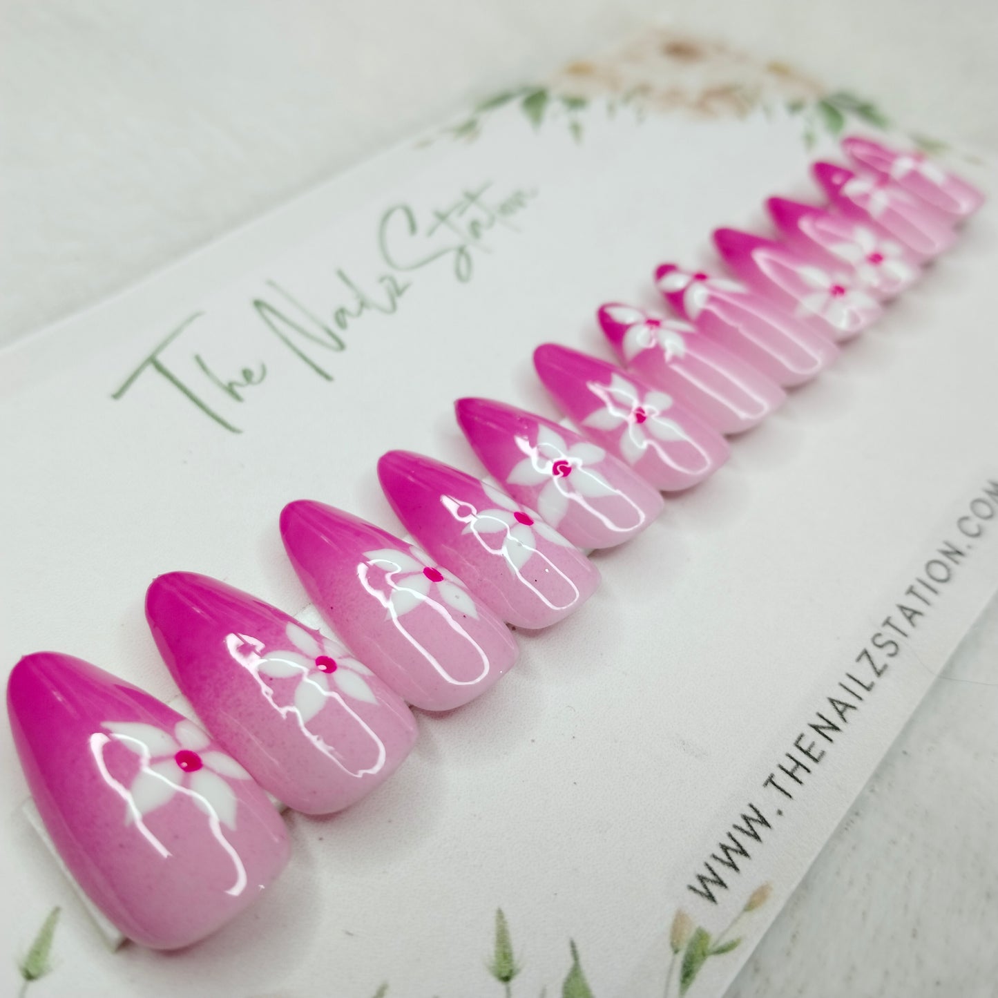 The NailzStation Glossy Pink Ombre Floral Press on Fake Artificial Nails Set with glue, filer, sticker application kit // 1505