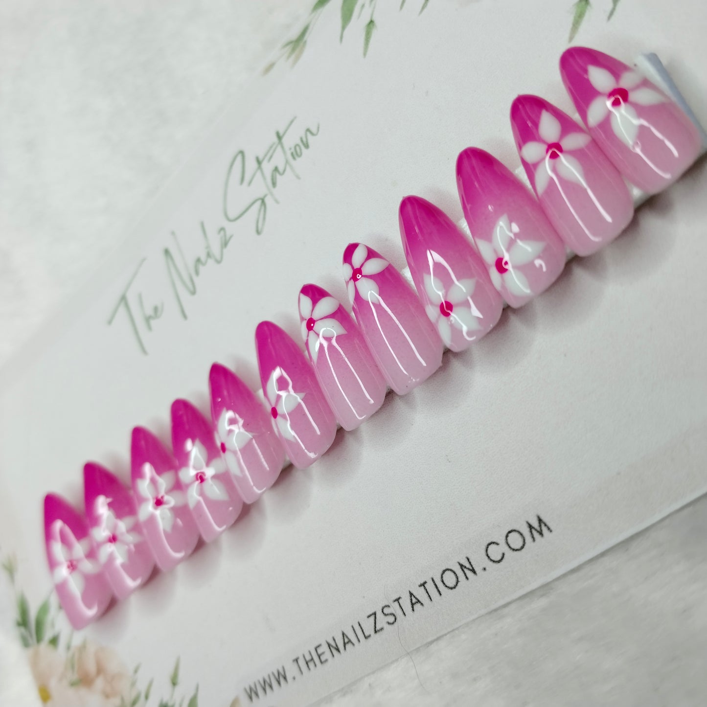 The NailzStation Glossy Pink Ombre Floral Press on Fake Artificial Nails Set with glue, filer, sticker application kit // 1505