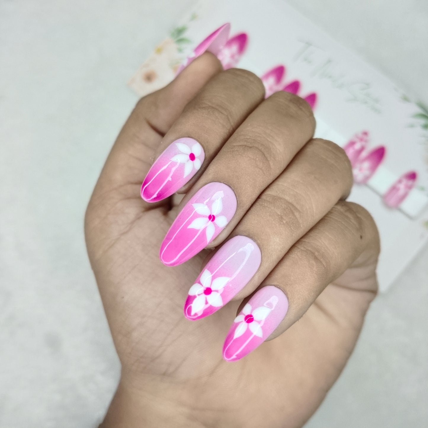 The NailzStation Glossy Pink Ombre Floral Press on Fake Artificial Nails Set with glue, filer, sticker application kit // 1505