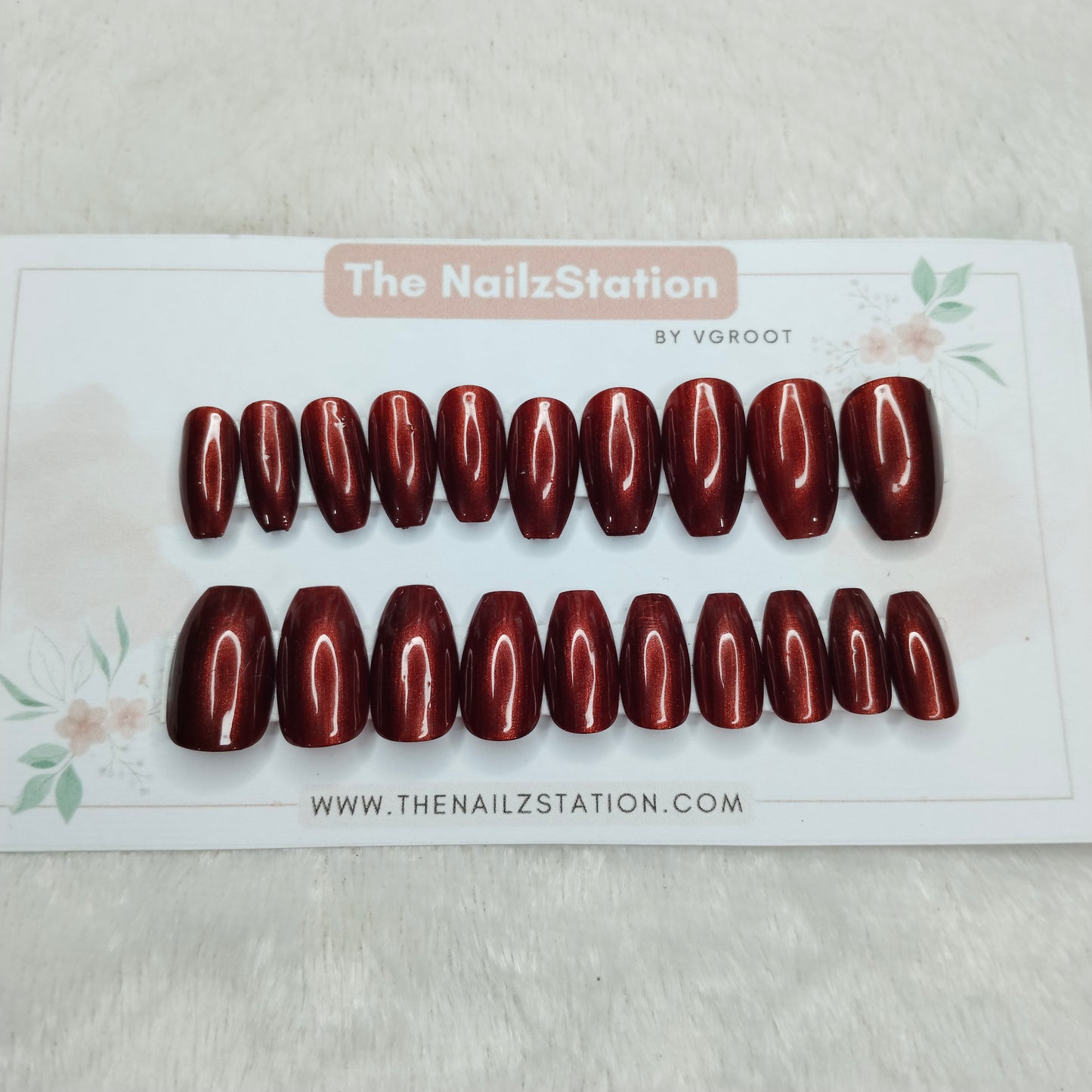 The NailzStation Glossy Maroon Chrome Press on Fake Artificial Nails Set with glue, filer, sticker application kit // 1511